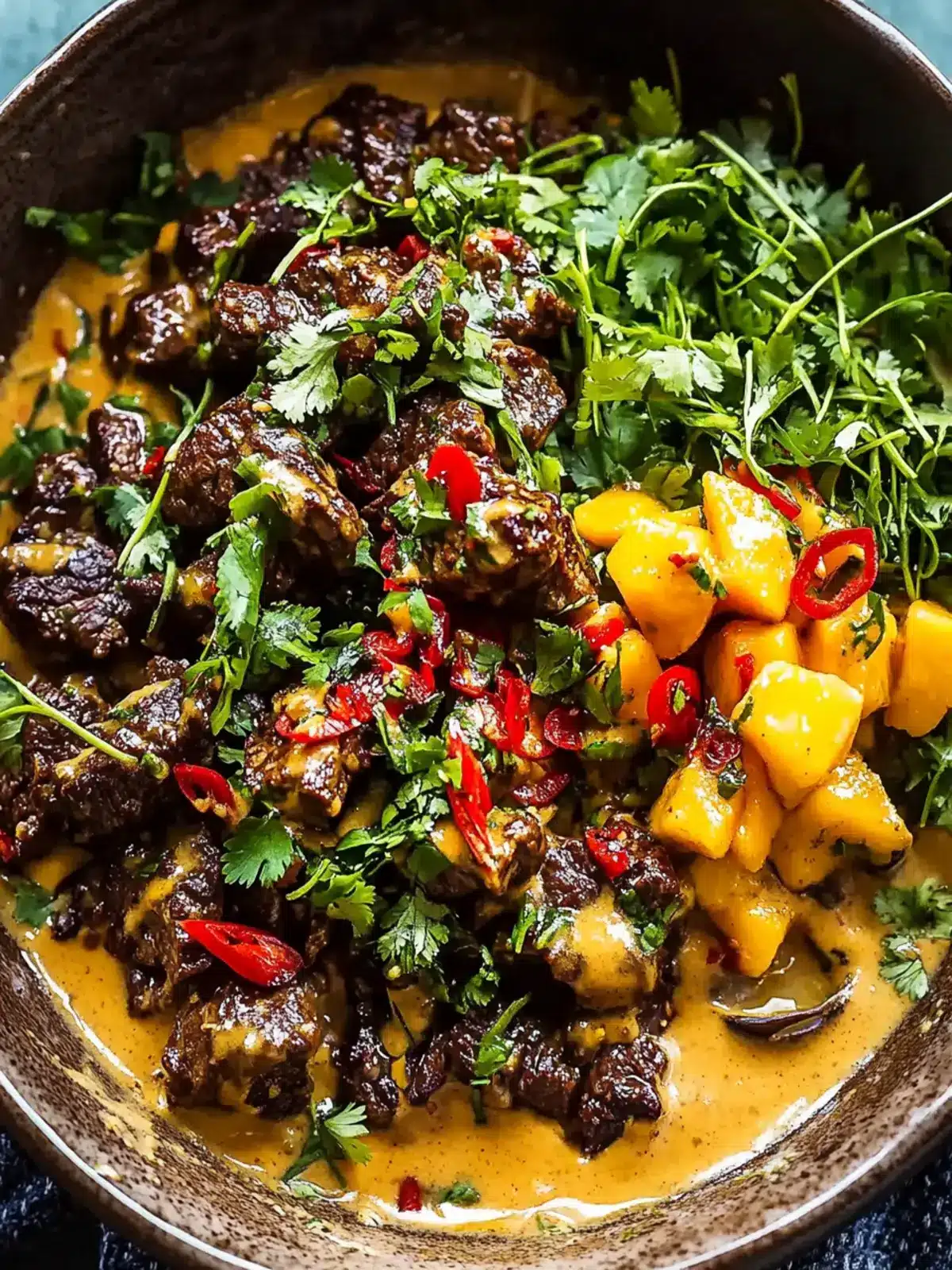 Curried Beef & Mushrooms in Creamy Peanut Sauce with Mango Salsa 3 Curried Beef & Mushrooms with Creamy Peanut Sauce and Mango Salsa