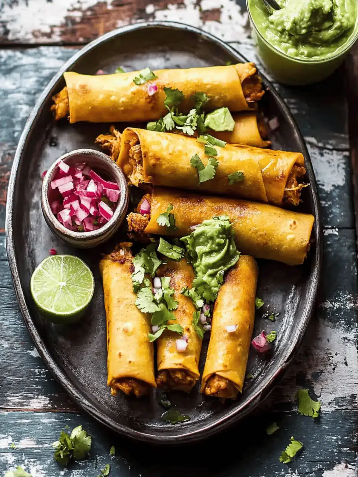Crispy Chicken Tinga Taquitos with Zesty Lime Avocado Crema 4 Crispy Chicken Tinga Taquitos with Salty Lime Avocado Crema.