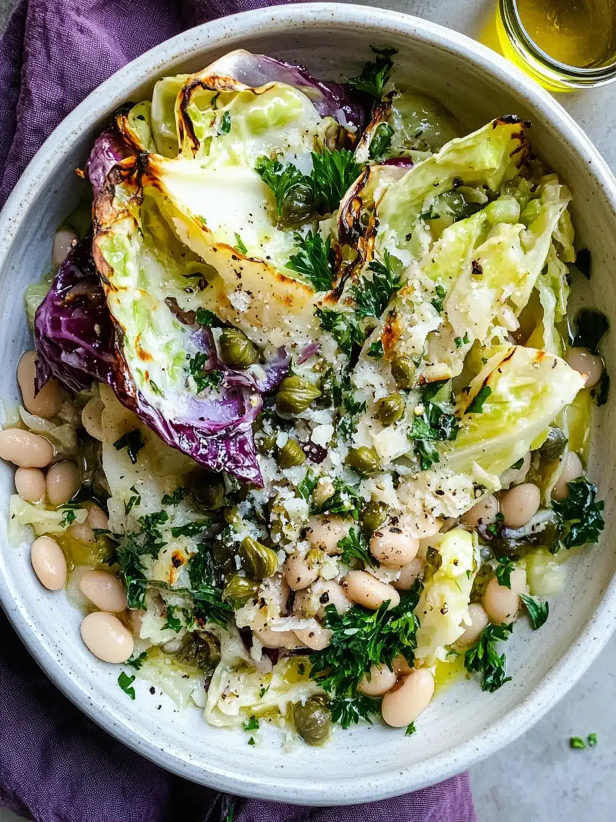 Savor White Beans and Charred Cabbage with Zesty Vinaigrette 4 White Beans, Charred Cabbage, Caper + Parsley Vinaigrette