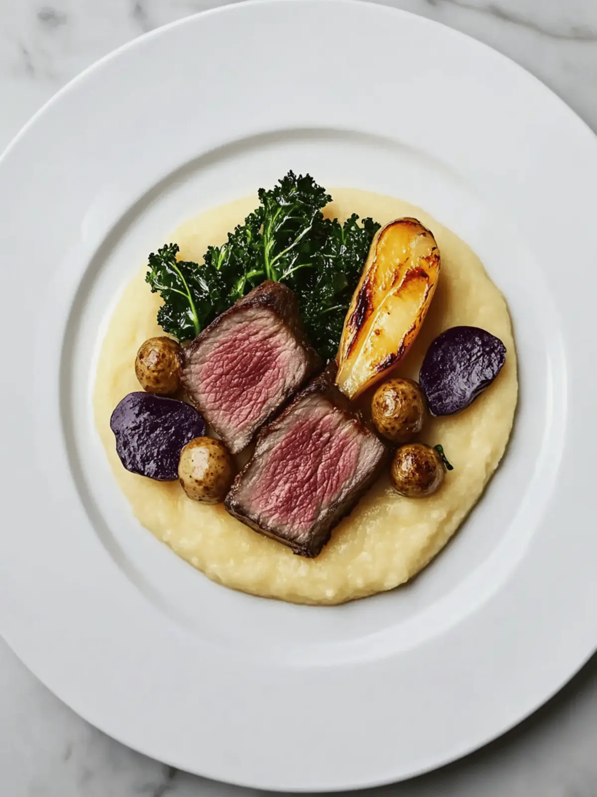 Treacle-Cured Venison with Brown Butter Pommes Pur e Delight 3 Treacle-cured venison with brown butter pommes pur e, kale and girolles