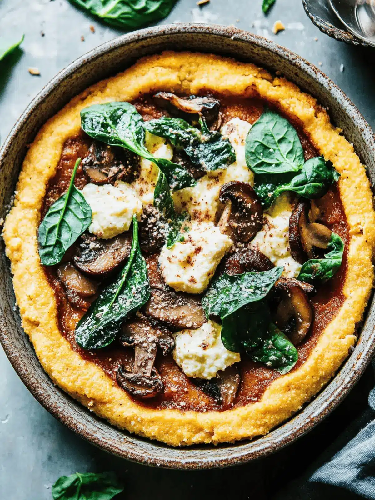 Savory Spinach & Mushroom Polenta Pie with Almond Ricotta Delight 2 Spinach & Mushroom Polenta Pie with Almond Ricotta