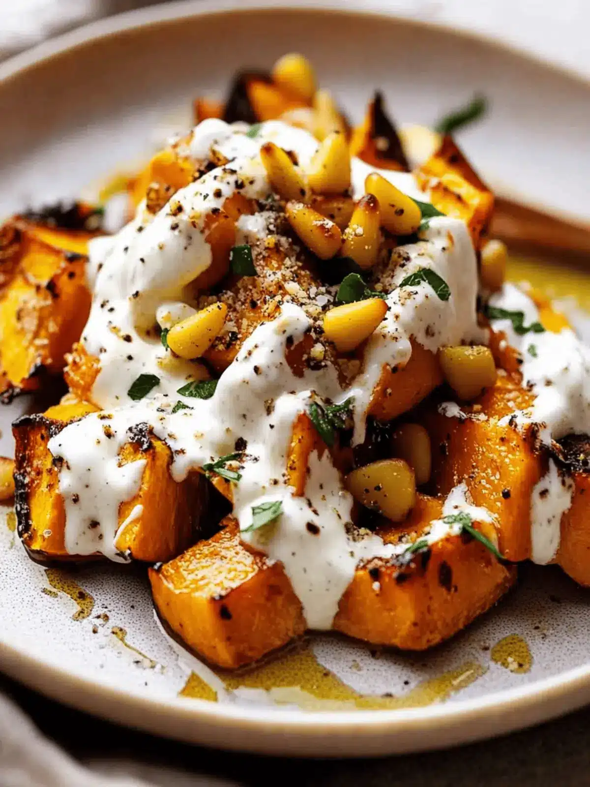 Delicious Roasted Pumpkin with Yogurt Sauce and Crunchy Pine Nuts 3 Roasted Pumpkin with Yogurt Sauce and Pine Nuts