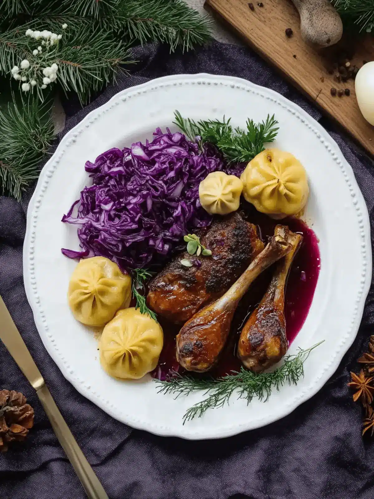 Crispy Vegan Duck Legs with Dumplings and Red Cabbage Delight 4 Vegan duck legs with dumplings and red cabbage