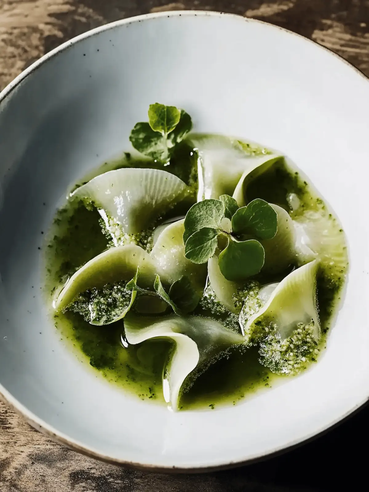 Kohlrabi Dumplings with Sunflower Seed Pesto and Apple Consomm Delight 2 kohlrabi dumplings with sunflower seed pesto and apple consomm