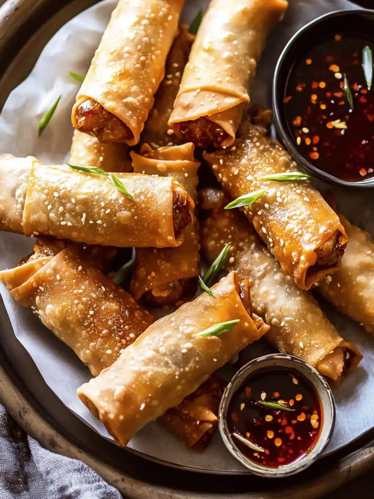 Crispy Sesame Ginger Egg Rolls with Sweet Chili Sauce Delight 2 Crispy Sesame Ginger Egg Rolls with Sweet Chili Sauce.