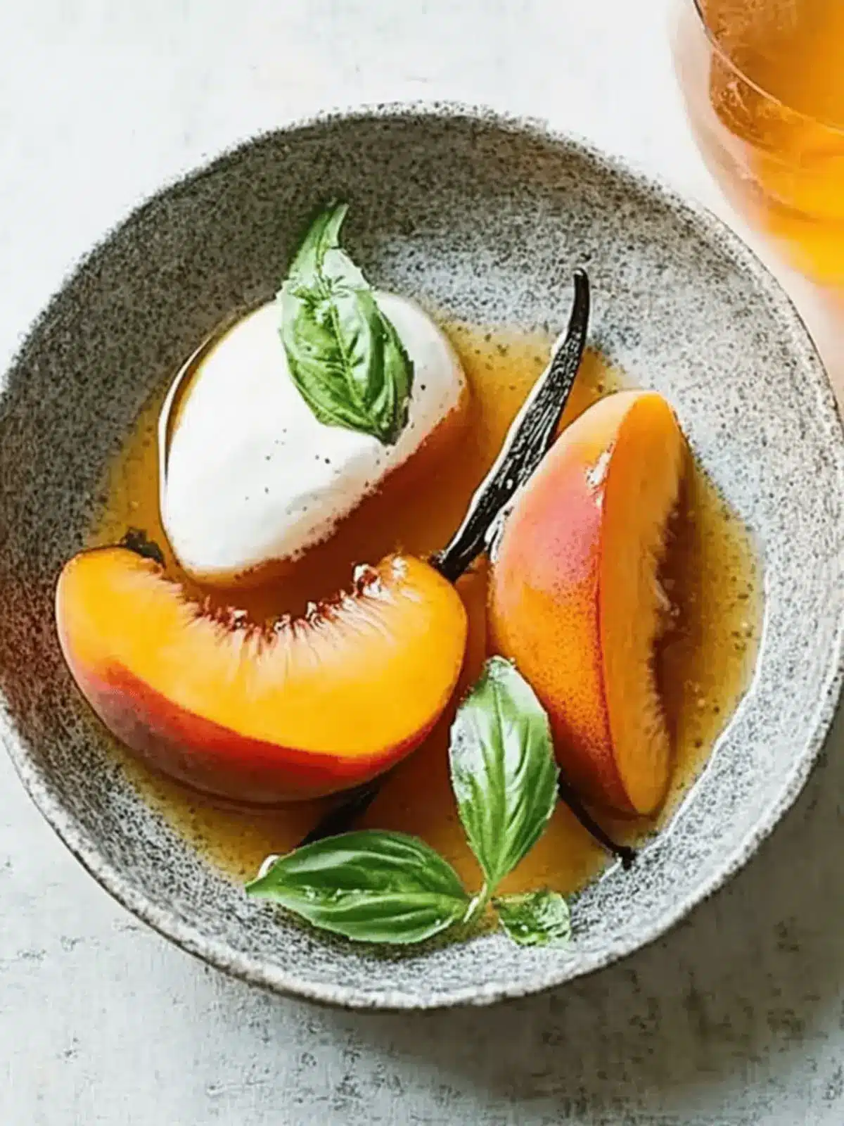 Delicious Poached Peaches in Sparkling Wine with Basil & Vanilla 2 Poached peaches in sparkling wine with basil & vanilla