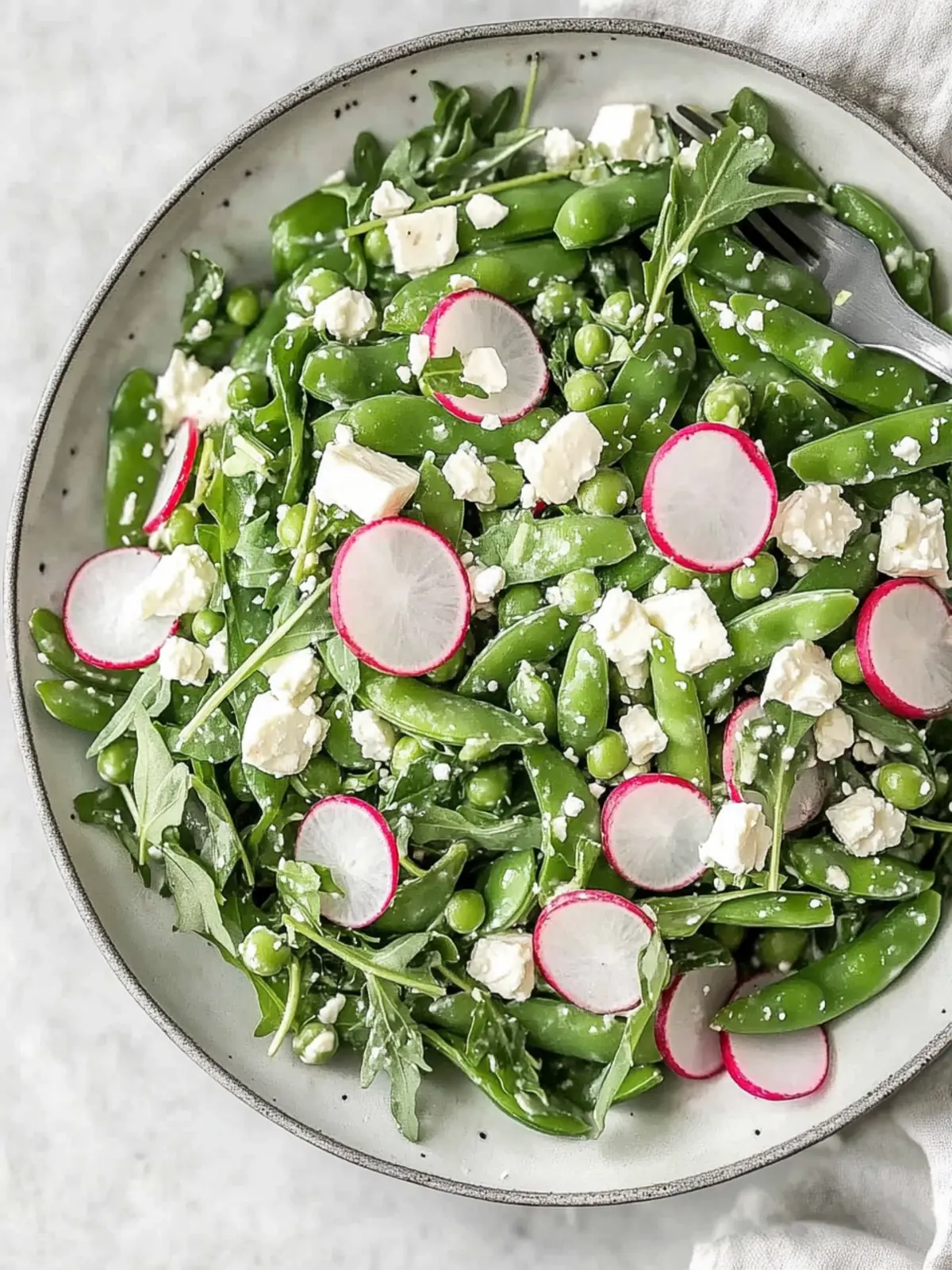 Sugar Snap Pea Salad with Radishes, Feta and Arugula Delight 3 sugar snap pea salad with radishes, feta and arugula