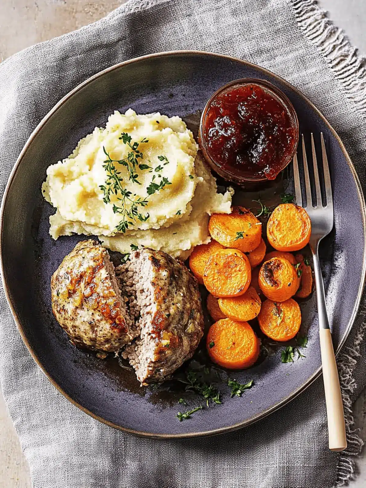 Savory Swedish Meatloaves with Creamy Mashed Potatoes and Jam 4 Swedish Meatloaves with Mashed Potatoes, Roasted Carrots, and Currant Jam