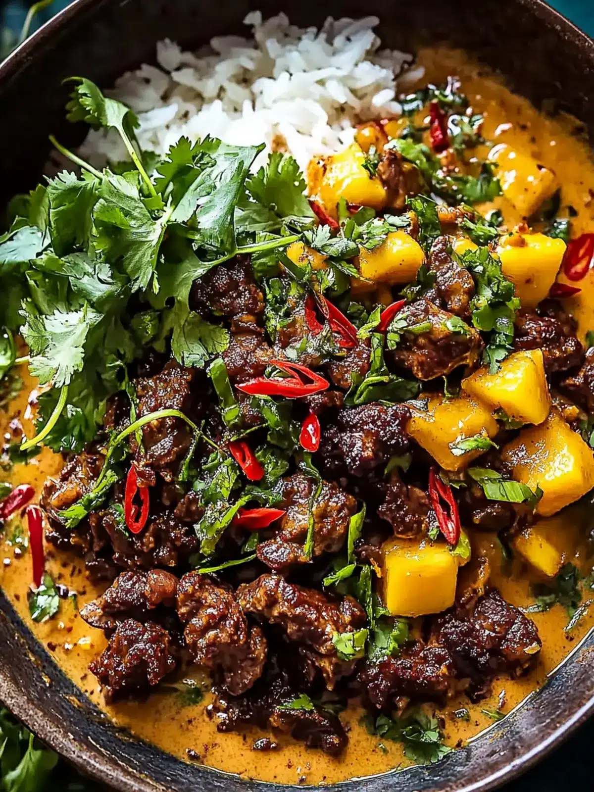 Curried Beef & Mushrooms in Creamy Peanut Sauce with Mango Salsa 4 Curried Beef & Mushrooms with Creamy Peanut Sauce and Mango Salsa