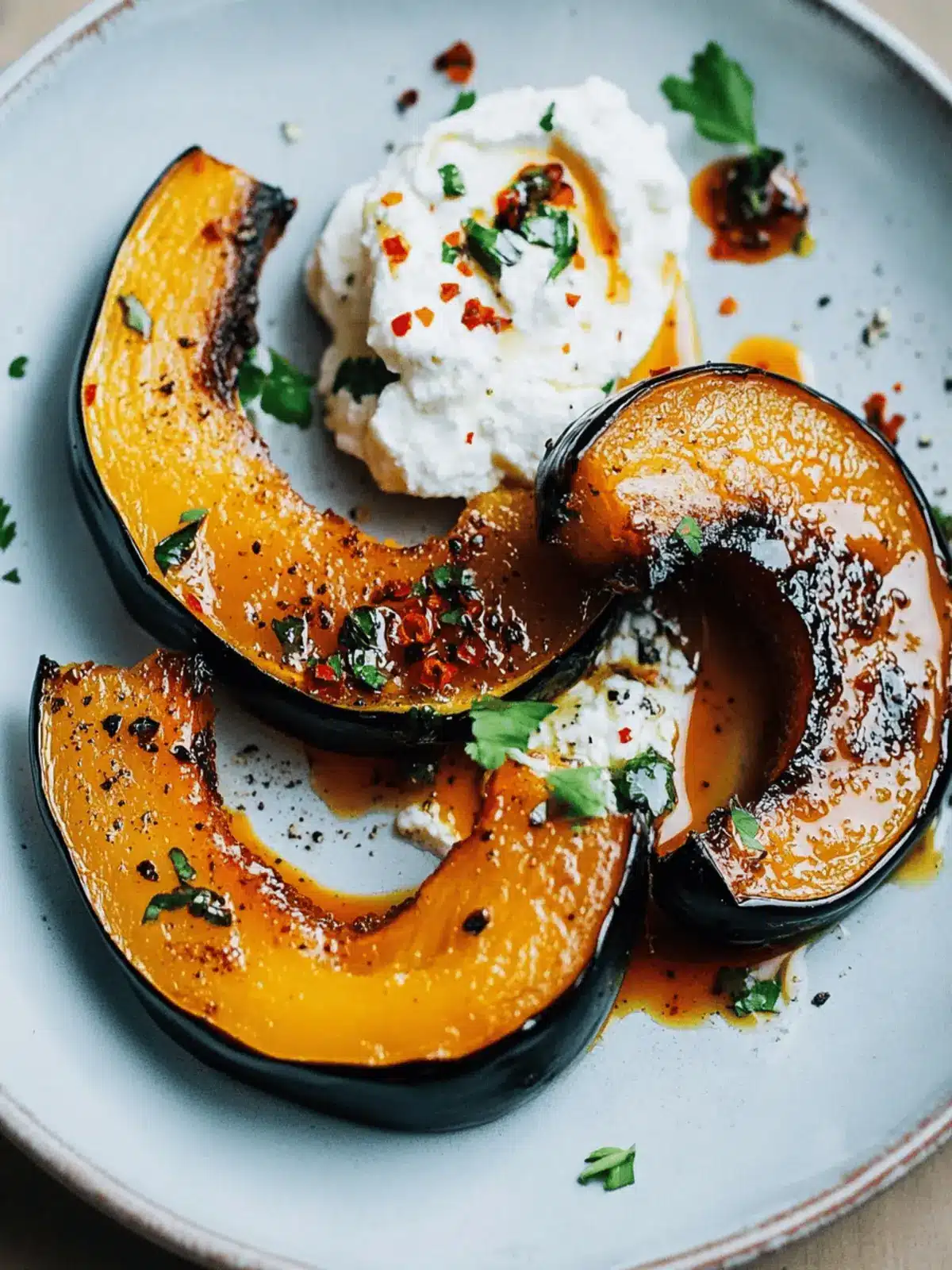 Maple-Roasted Kabocha Squash Wedges with Ricotta & Chile Oil Bliss 3 Maple-Roasted Kabocha Squash Wedges with Ricotta and Chile Oil