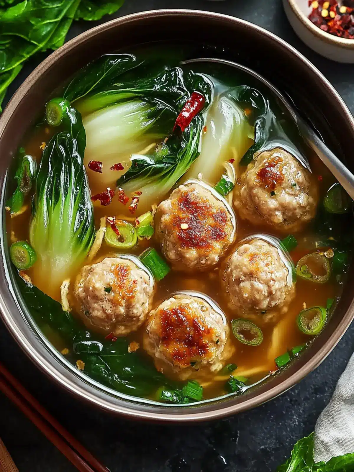 Ginger Chicken Meatball Soup with Bok Choy and Crunchy Wontons 2 Ginger Chicken Meatball Soup with Baby Bok Choy and Crispy Wonton Strips