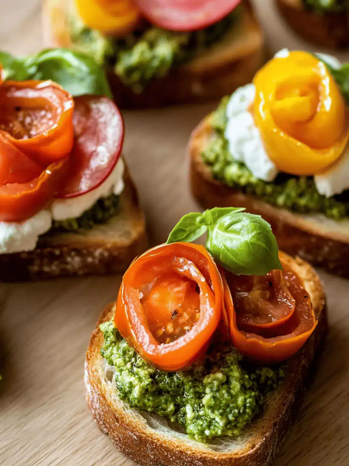 Tomato Crostini with Pesto and Ricotta: Delightful Spring Bites 2 Tomato Crostini with Pesto and Ricotta