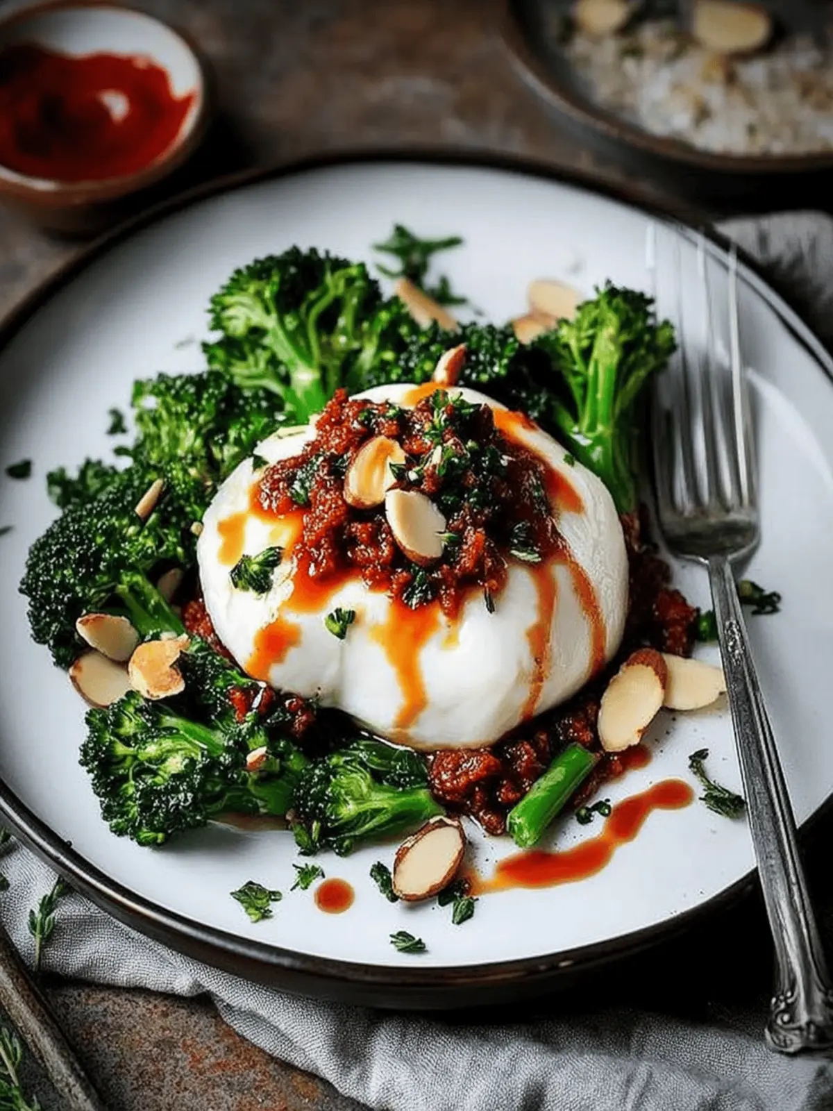 Creamy Burrata with 'Nduja, Broccolini, and Crunchy Almonds 2 Burrata with 'Nduja, broccolini and almonds