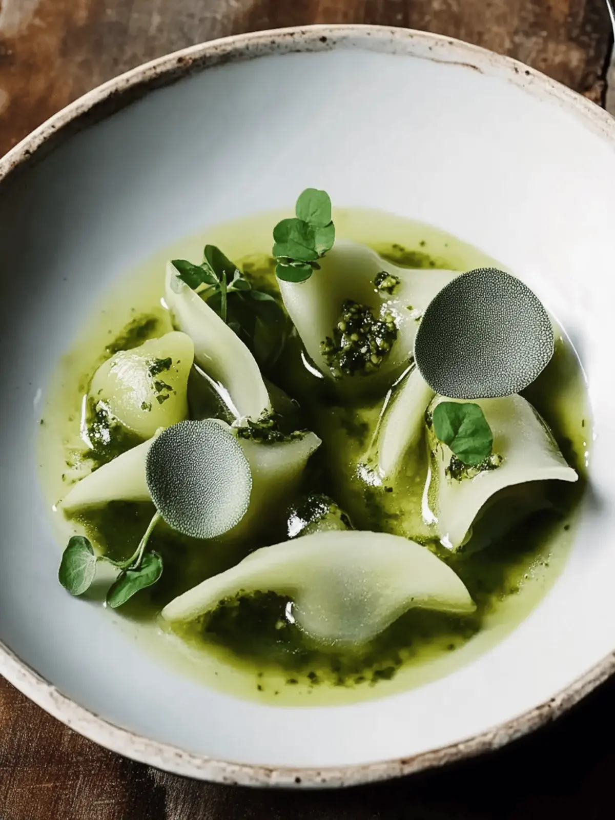 Kohlrabi Dumplings with Sunflower Seed Pesto and Apple Consomm Delight 4 kohlrabi dumplings with sunflower seed pesto and apple consomm
