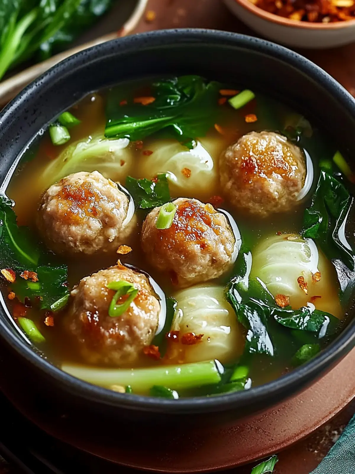 Ginger Chicken Meatball Soup with Bok Choy and Crunchy Wontons 4 Ginger Chicken Meatball Soup with Baby Bok Choy and Crispy Wonton Strips