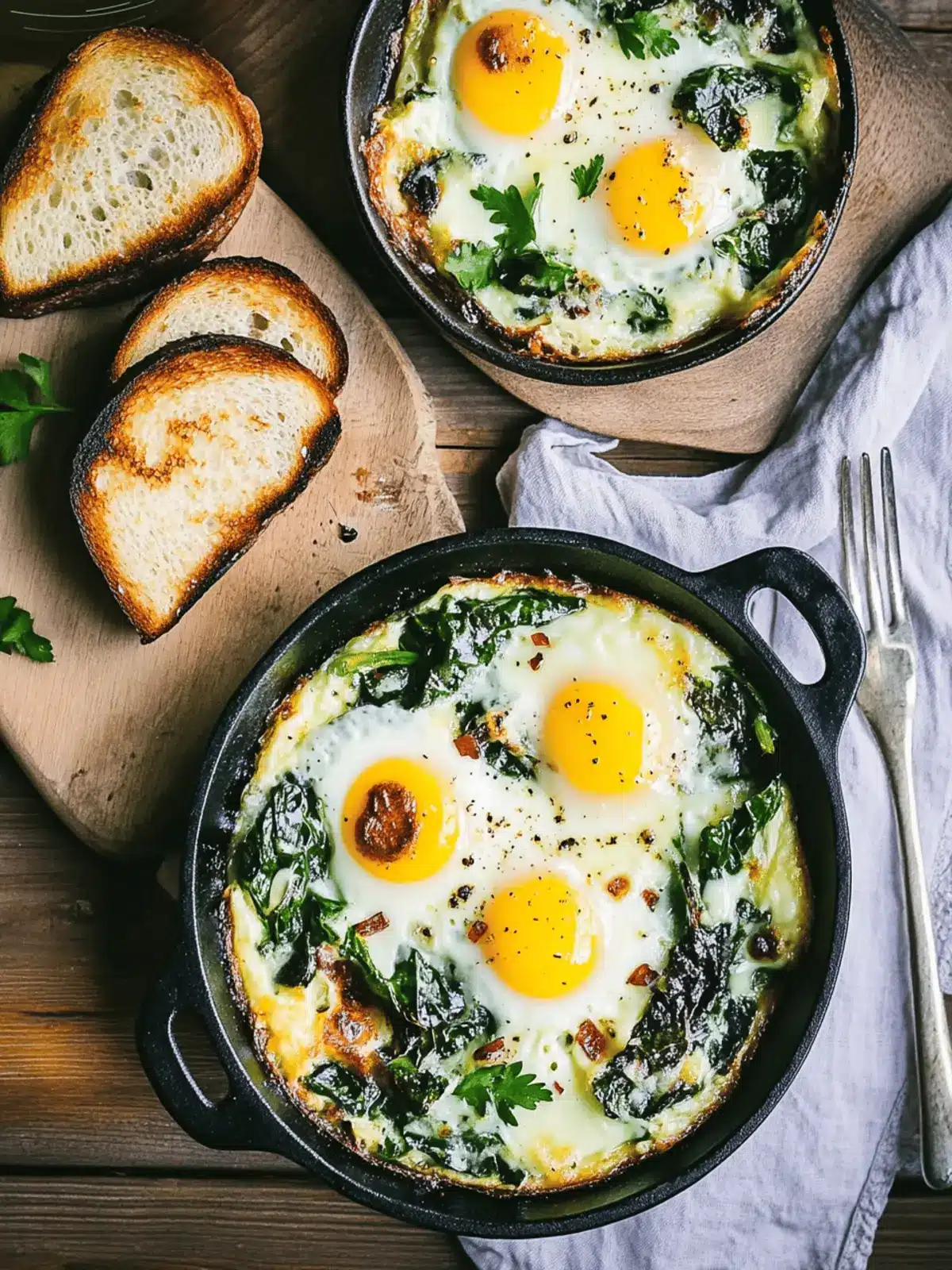 Baked Eggs with Creamy Greens and Garlic Butter Toasts Delight 2 Baked Eggs with Creamy Greens and Garlic Butter Toasts
