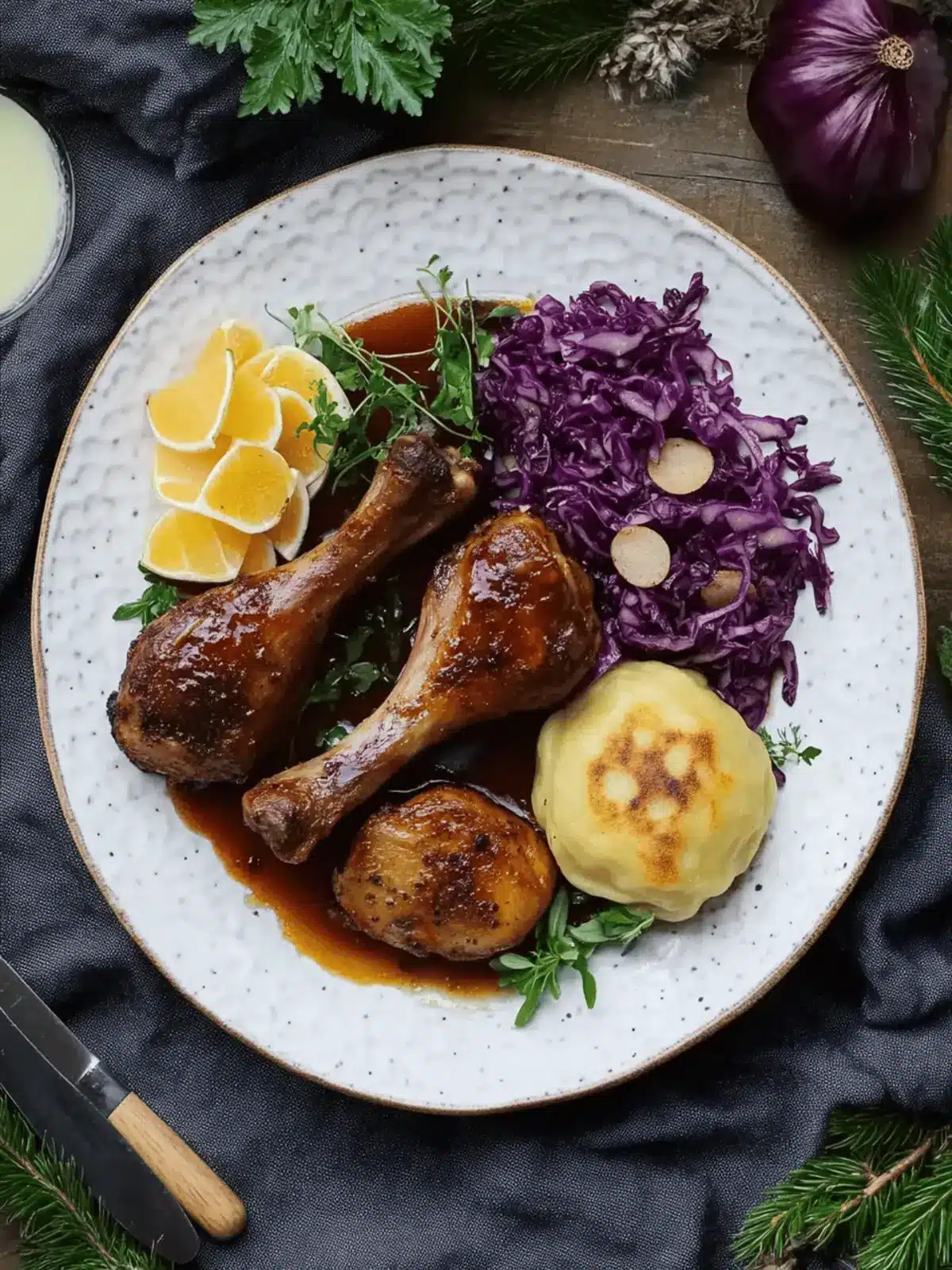 Crispy Vegan Duck Legs with Dumplings and Red Cabbage Delight 2 Vegan duck legs with dumplings and red cabbage