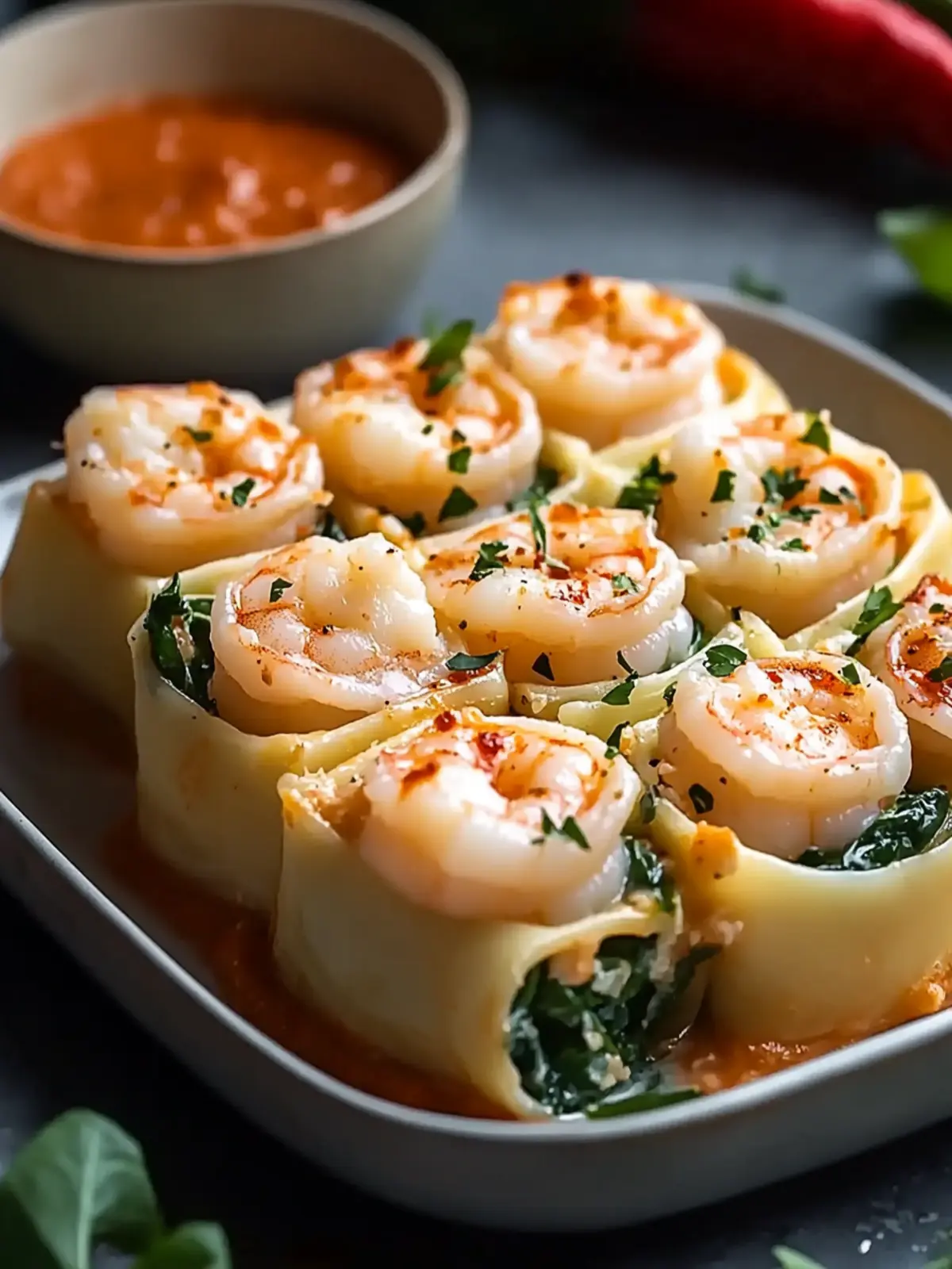 Savory Shrimp and Spinach Stuffed Pasta Rolls in Creamy Sauce 3 Shrimp and Spinach Stuffed Pasta Rolls with Roasted Red Pepper Cream