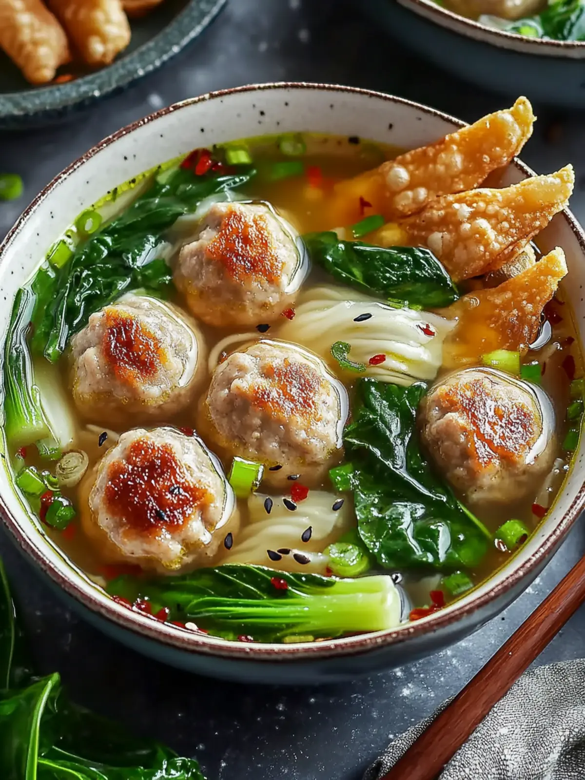 Ginger Chicken Meatball Soup with Bok Choy and Crunchy Wontons 3 Ginger Chicken Meatball Soup with Baby Bok Choy and Crispy Wonton Strips