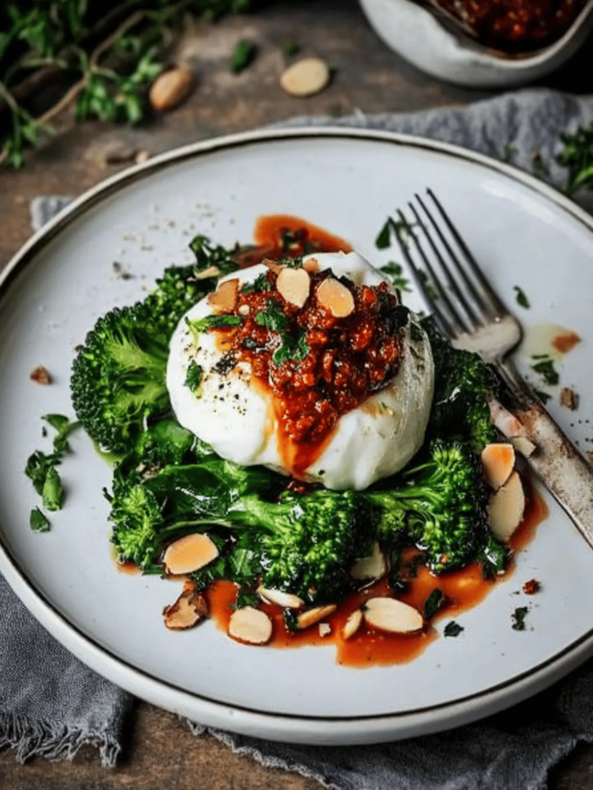 Creamy Burrata with 'Nduja, Broccolini, and Crunchy Almonds 4 Burrata with 'Nduja, broccolini and almonds