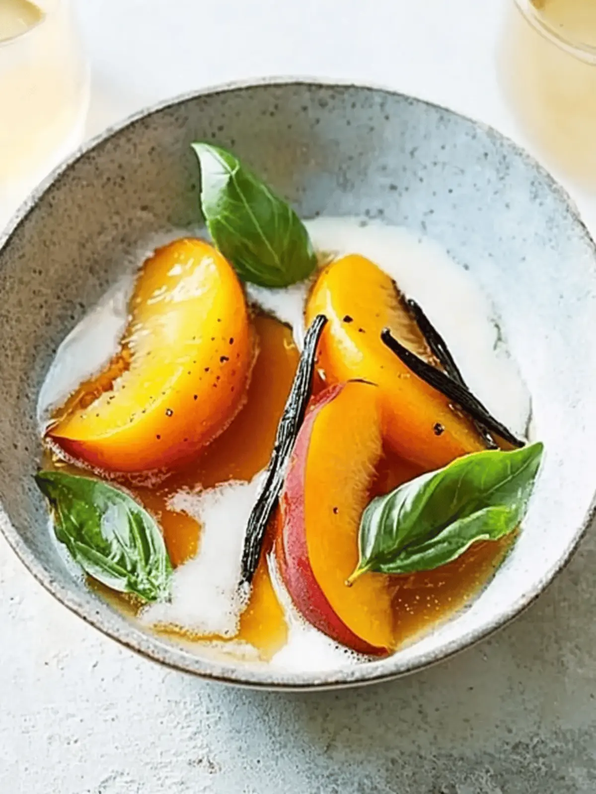 Delicious Poached Peaches in Sparkling Wine with Basil & Vanilla 4 Poached peaches in sparkling wine with basil & vanilla