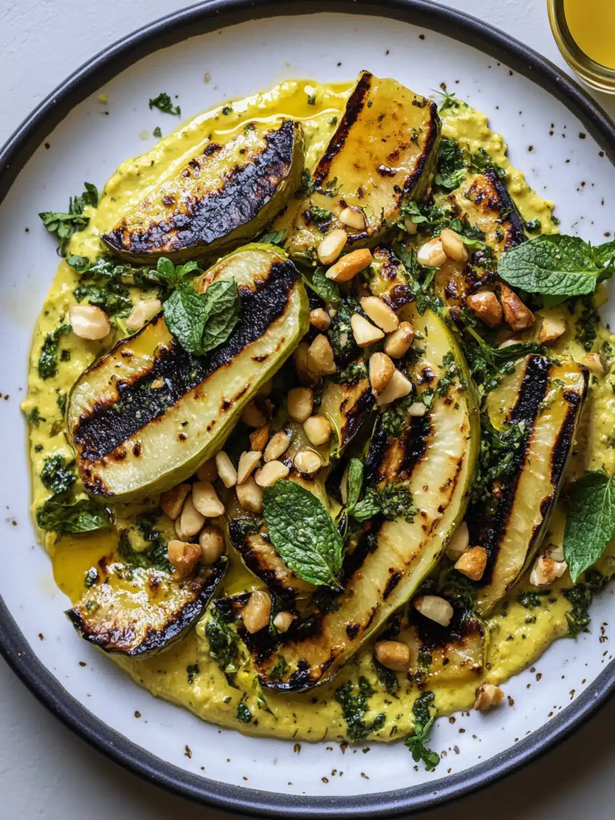 Golden Tahini with Grilled Zucchini, Herbs, and Pine Nuts Bliss 2 GOLDEN TAHINI WITH GRILLED ZUCCHINI, HERBS, AND PINE NUTS