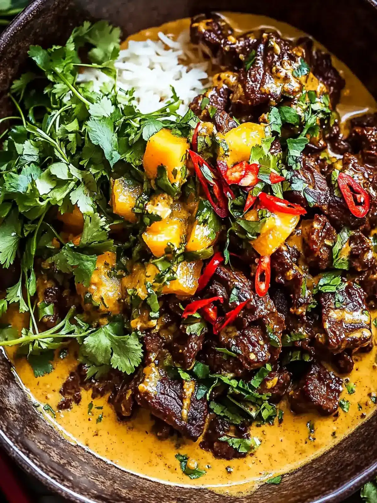 Curried Beef & Mushrooms in Creamy Peanut Sauce with Mango Salsa 2 Curried Beef & Mushrooms with Creamy Peanut Sauce and Mango Salsa