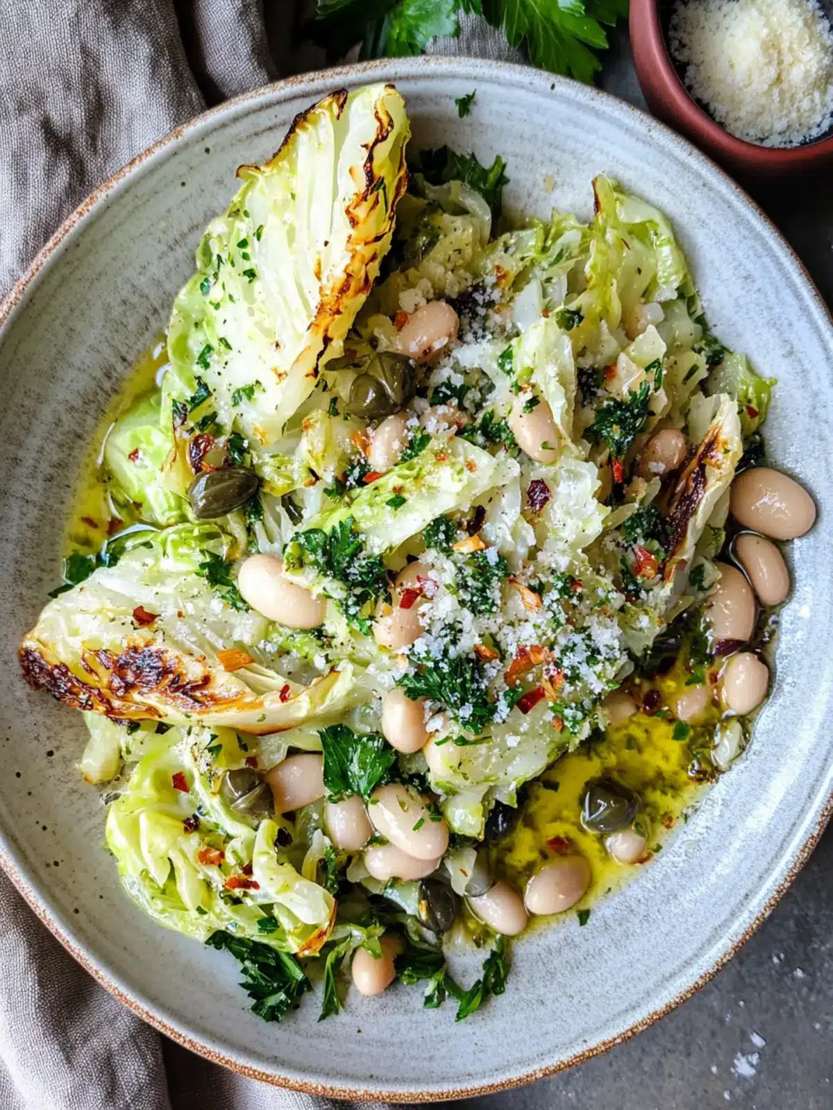 Savor White Beans and Charred Cabbage with Zesty Vinaigrette 3 White Beans, Charred Cabbage, Caper + Parsley Vinaigrette