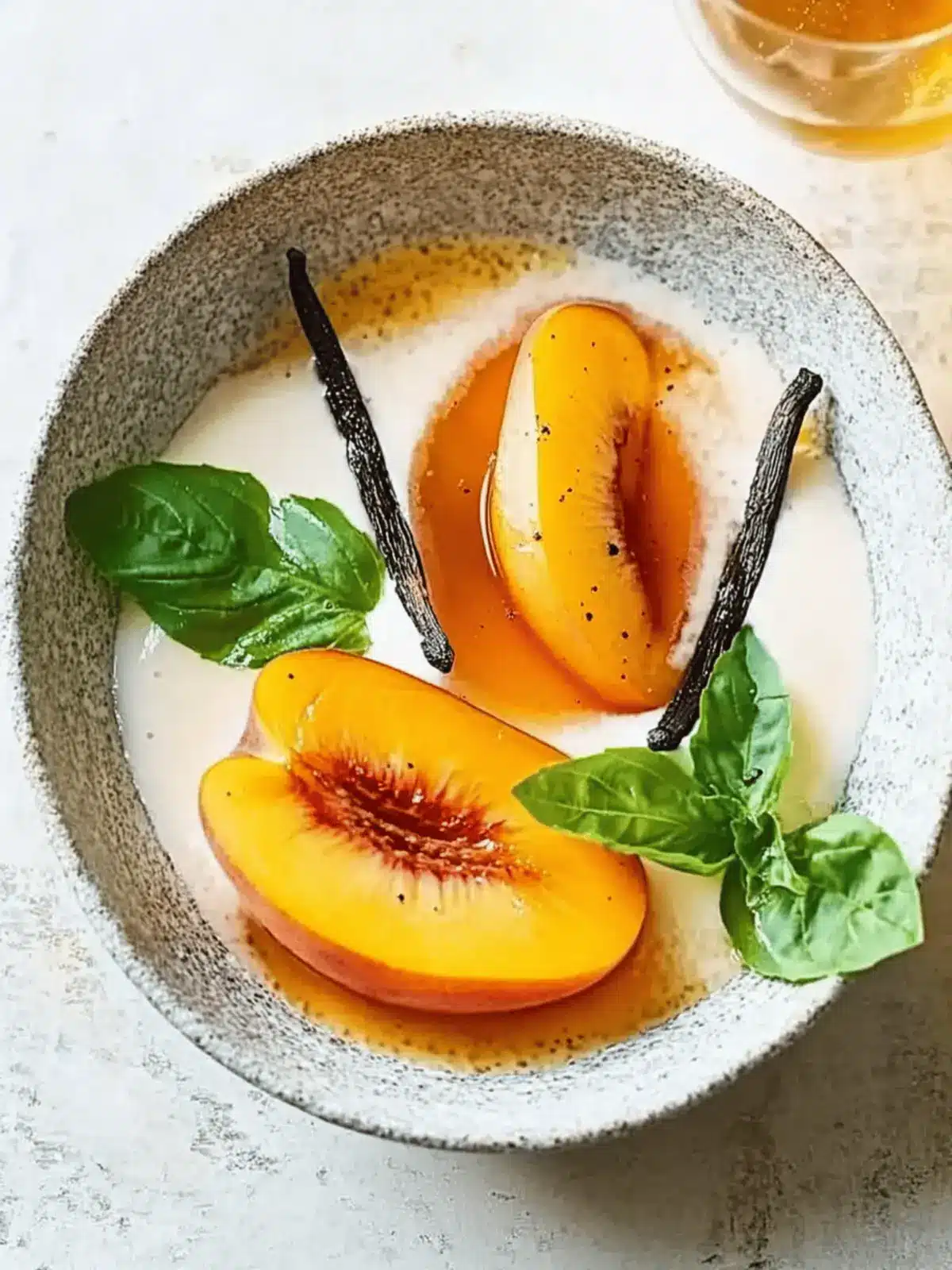 Delicious Poached Peaches in Sparkling Wine with Basil & Vanilla 3 Poached peaches in sparkling wine with basil & vanilla