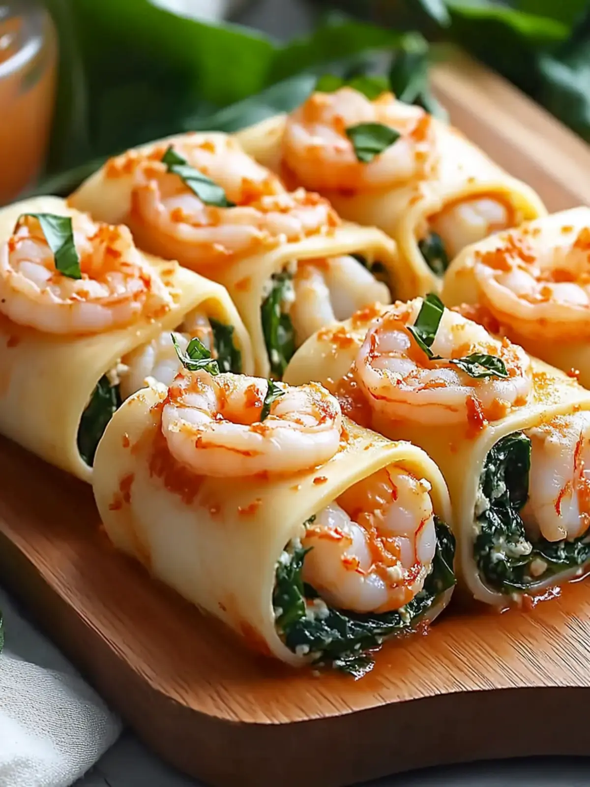 Savory Shrimp and Spinach Stuffed Pasta Rolls in Creamy Sauce 2 Shrimp and Spinach Stuffed Pasta Rolls with Roasted Red Pepper Cream