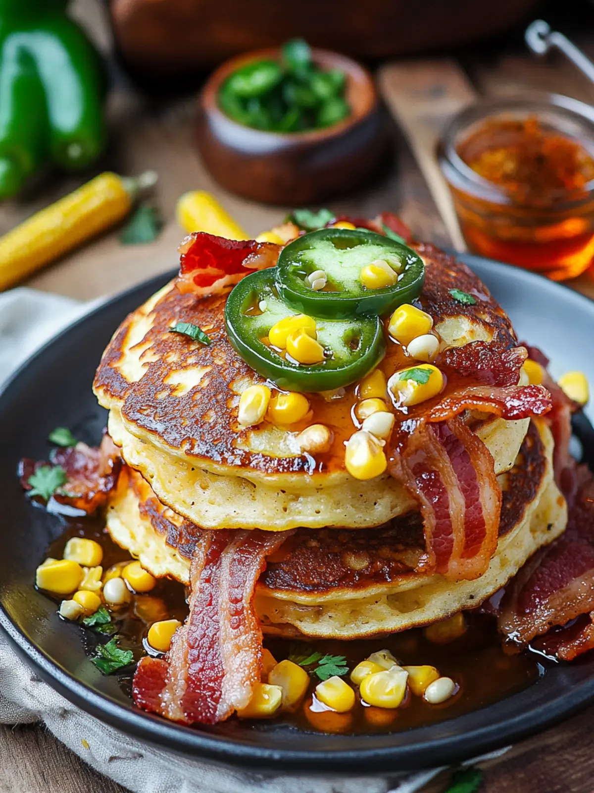 Jalapeno Cheddar Corn Pancakes with Bacon for a Zesty Break! 2 Jalapeno and Cheddar Corn Pancakes with Bacon