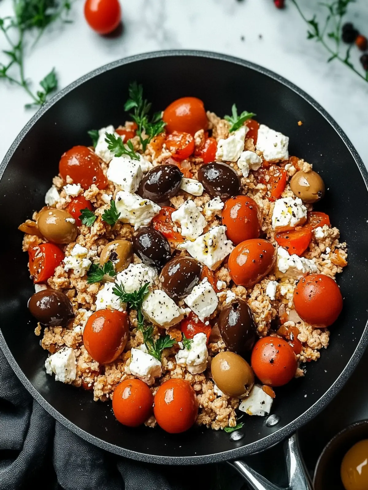 Savor Mediterranean Keto Ground Chicken Skillet with Olives and Feta 2 Mediterranean Keto Ground Chicken Skillet with Olives and Feta