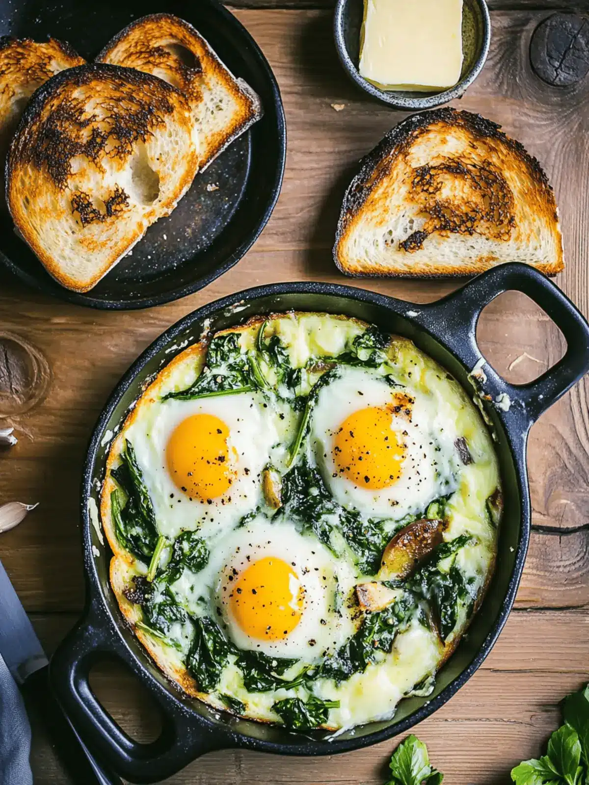Baked Eggs with Creamy Greens and Garlic Butter Toasts Delight 3 Baked Eggs with Creamy Greens and Garlic Butter Toasts