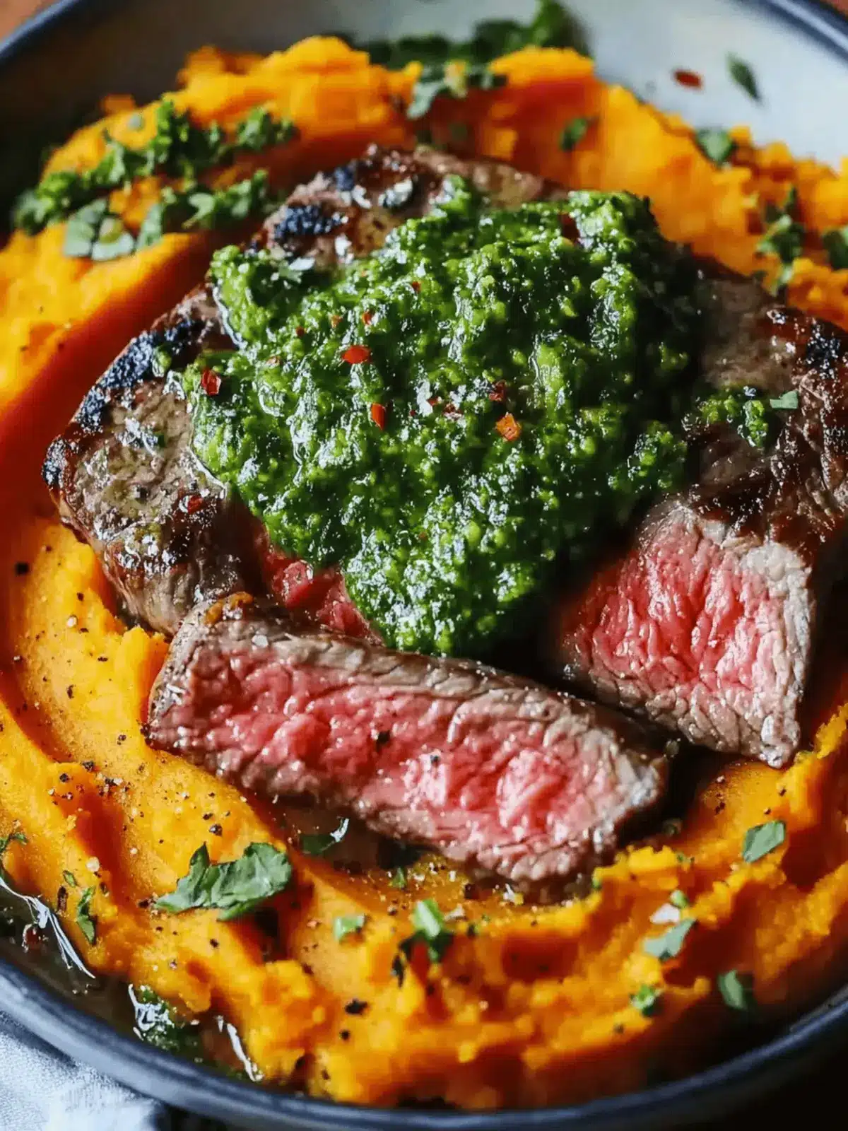 Savory Steak with Green Sauce and Creamy Sweet Potatoes 2 Steak with Green Sauce and Mashed Sweet Potatoes