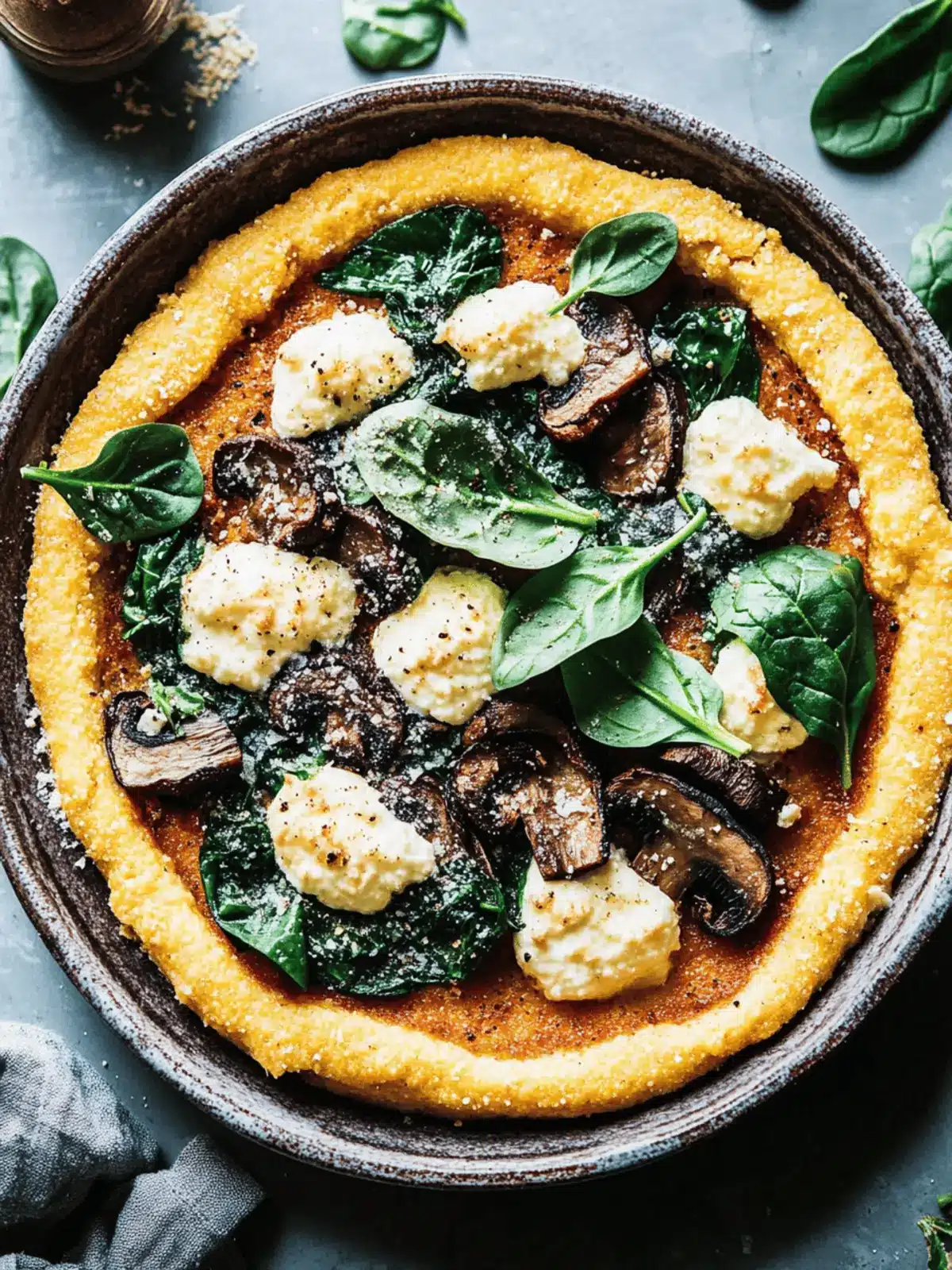 Savory Spinach & Mushroom Polenta Pie with Almond Ricotta Delight 4 Spinach & Mushroom Polenta Pie with Almond Ricotta