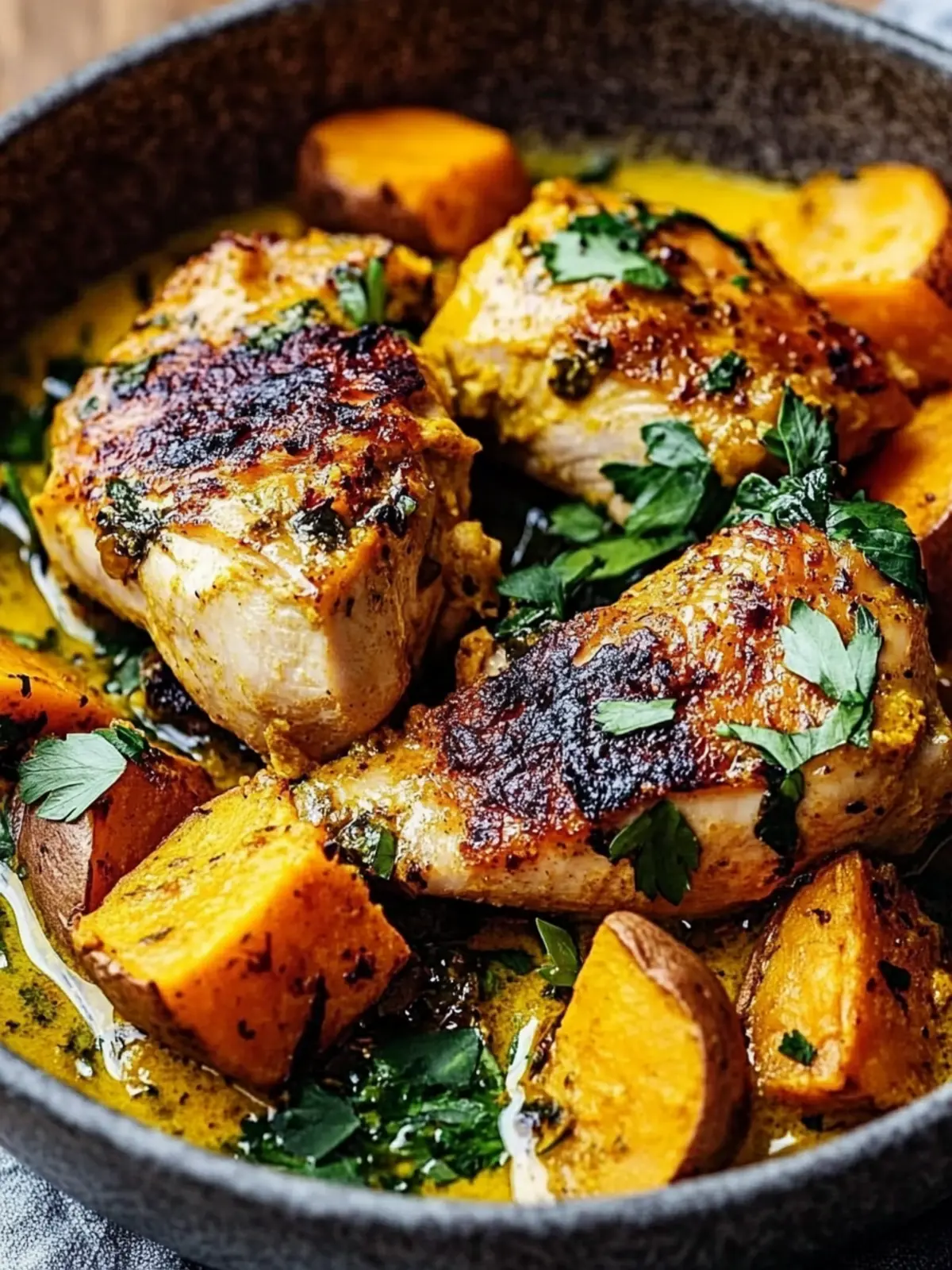Crispy Shallot Oil Coconut Turmeric Chicken & Sweet Potatoes 4 Coconut Turmeric Chicken with Sweet Potatoes and Crispy Shallot Oil