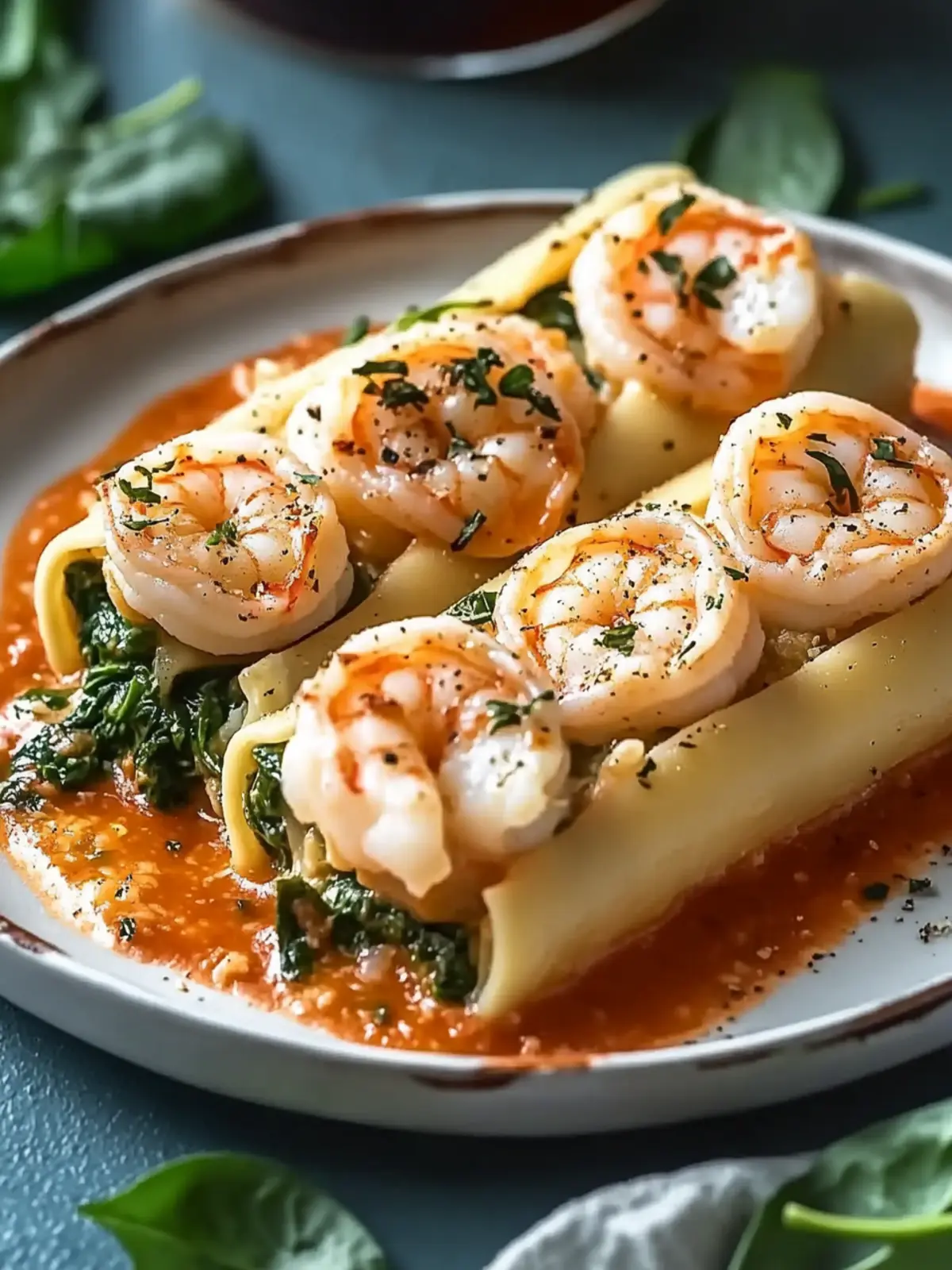 Savory Shrimp and Spinach Stuffed Pasta Rolls in Creamy Sauce 4 Shrimp and Spinach Stuffed Pasta Rolls with Roasted Red Pepper Cream