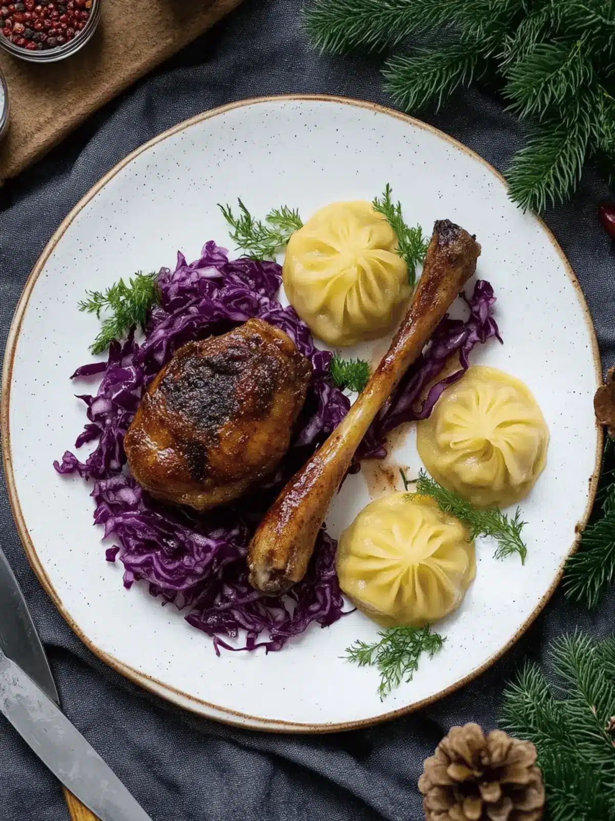 Crispy Vegan Duck Legs with Dumplings and Red Cabbage Delight 3 Vegan duck legs with dumplings and red cabbage