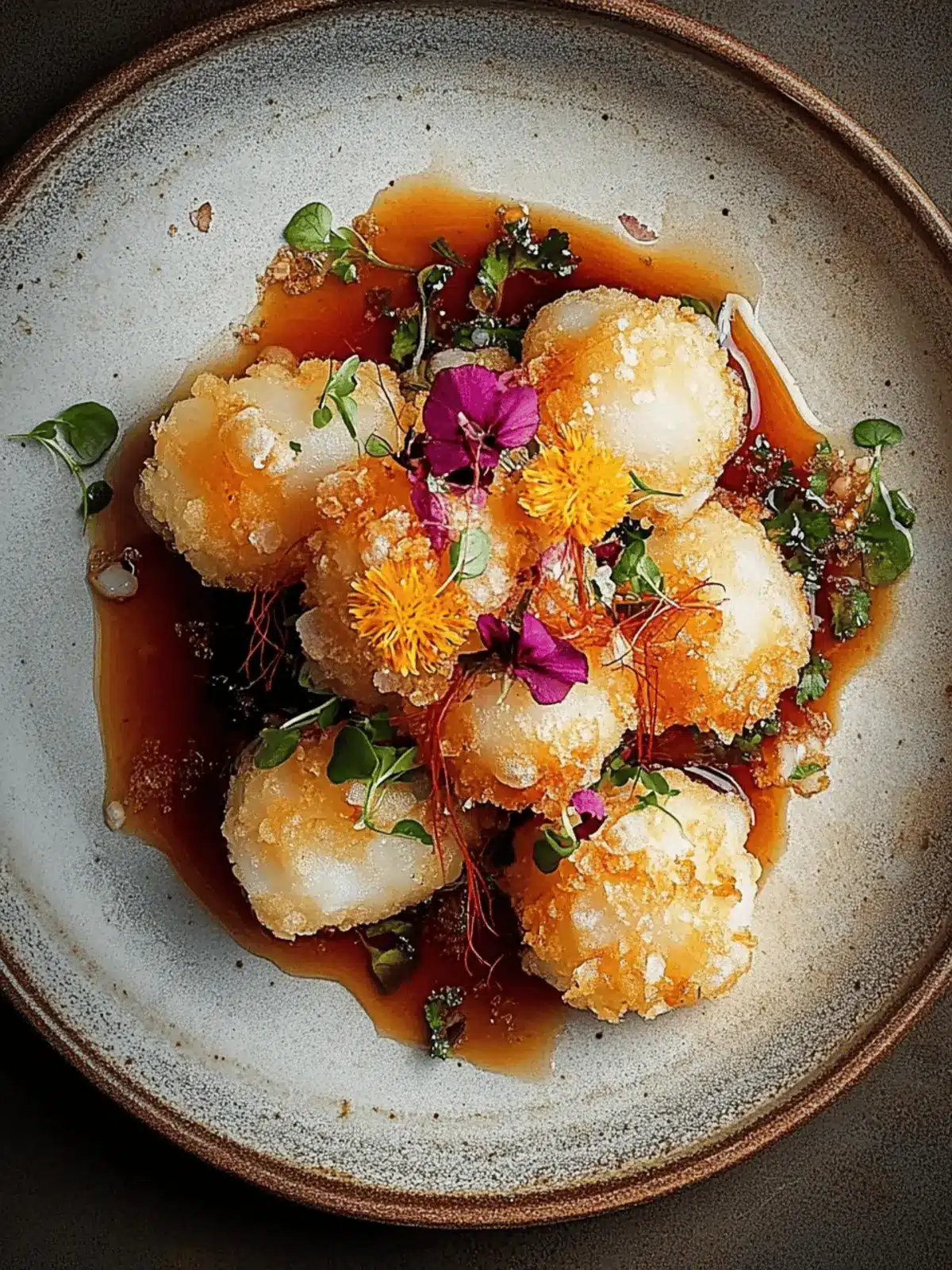 Crispy Cod Tempura with Blossom Salsa and Mirin-Ginger Glaze 3 Cod Tempura with Blossom Salsa and Mirin-Ginger Glaze