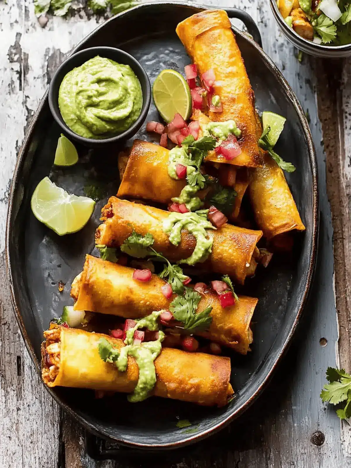 Crispy Chicken Tinga Taquitos with Zesty Lime Avocado Crema 3 Crispy Chicken Tinga Taquitos with Salty Lime Avocado Crema.