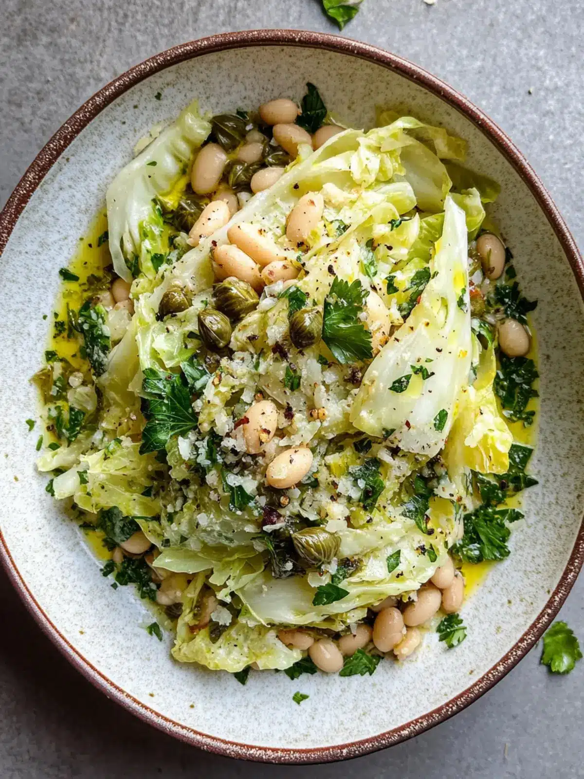 Savor White Beans and Charred Cabbage with Zesty Vinaigrette 2 White Beans, Charred Cabbage, Caper + Parsley Vinaigrette