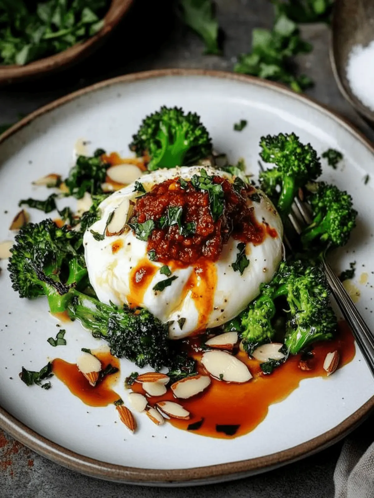 Creamy Burrata with 'Nduja, Broccolini, and Crunchy Almonds 3 Burrata with 'Nduja, broccolini and almonds