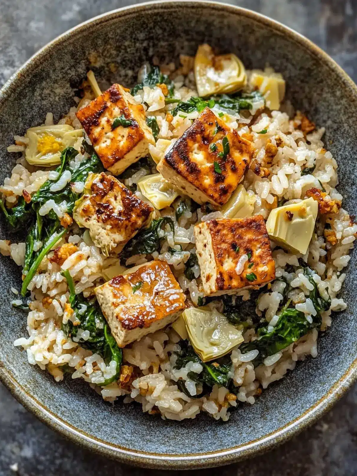 Spinach Artichoke Rice with Hot Honey Tofu for Cozy Nights 2 Spinach Artichoke Rice with Hot Honey Tofu