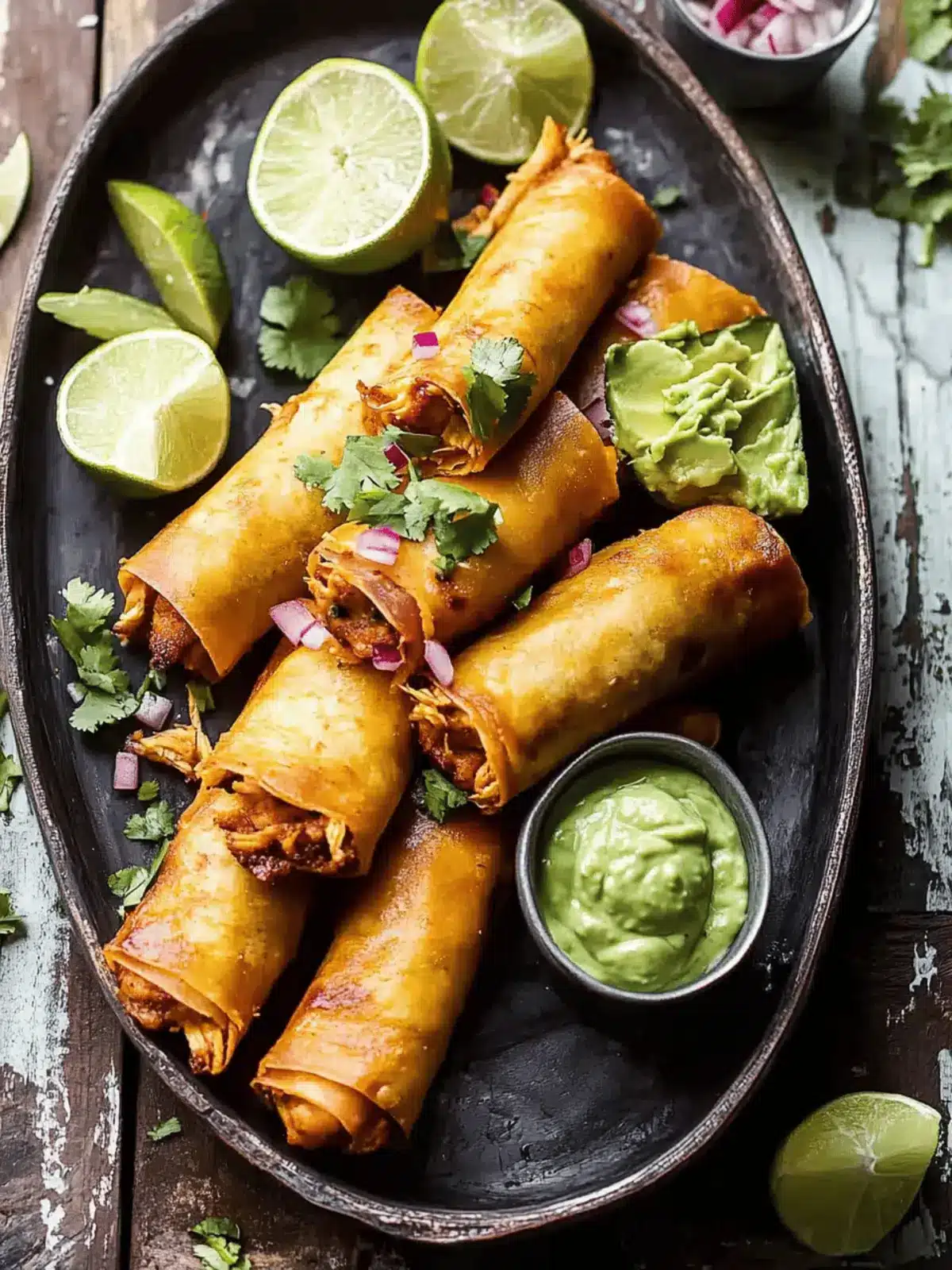 Crispy Chicken Tinga Taquitos with Zesty Lime Avocado Crema 2 Crispy Chicken Tinga Taquitos with Salty Lime Avocado Crema.