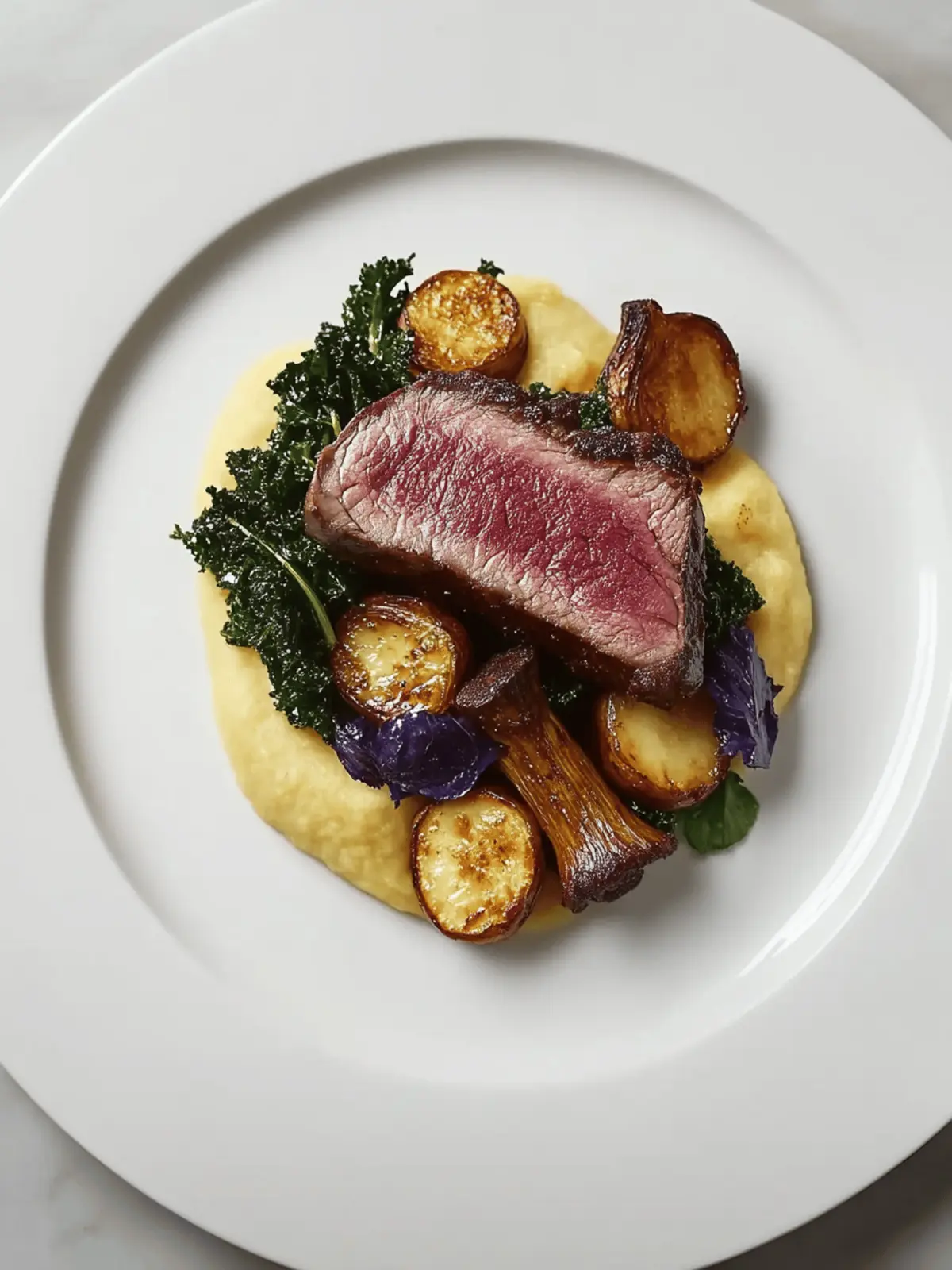 Treacle-Cured Venison with Brown Butter Pommes Pur e Delight 4 Treacle-cured venison with brown butter pommes pur e, kale and girolles