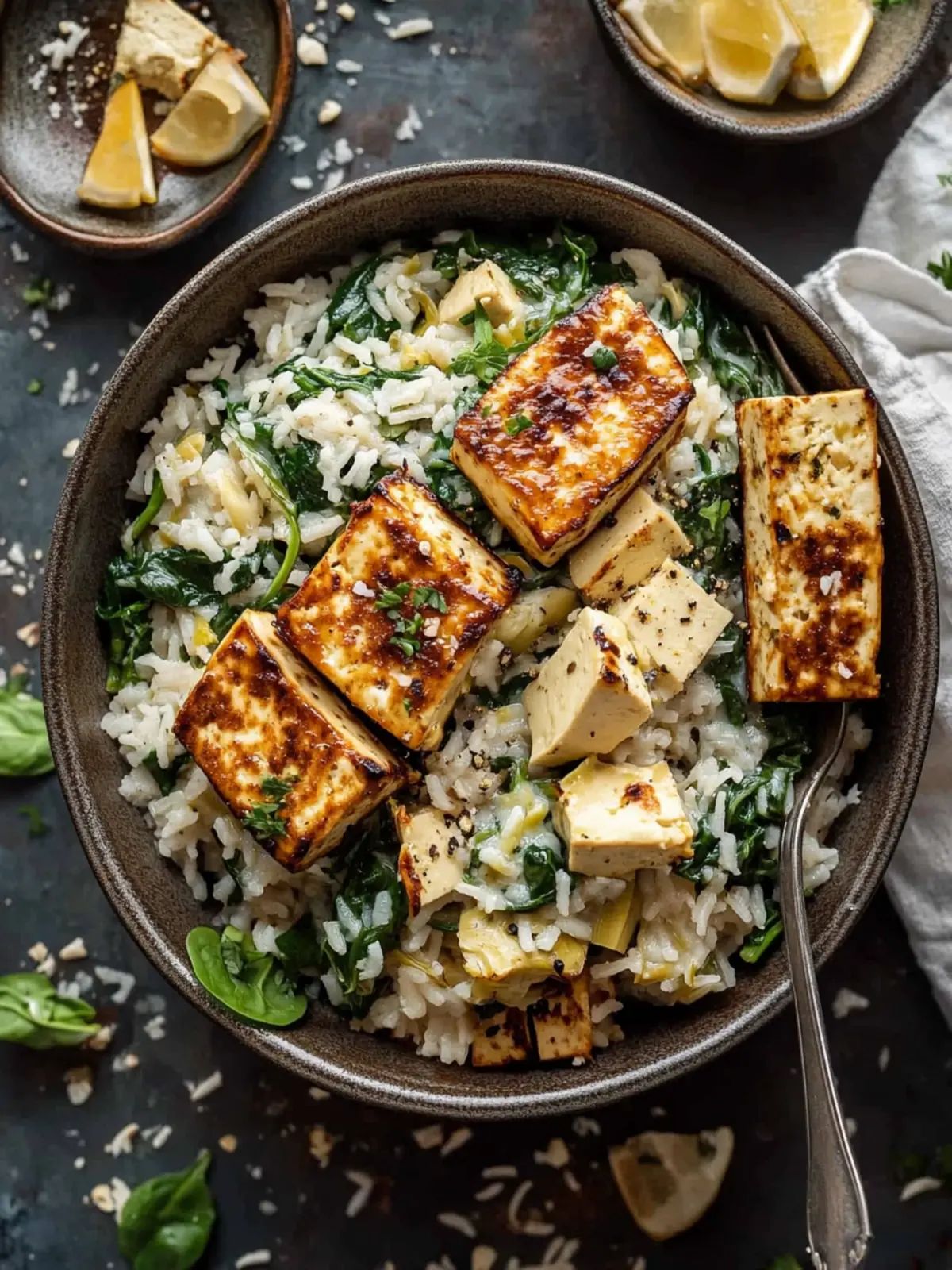 Spinach Artichoke Rice with Hot Honey Tofu for Cozy Nights 3 Spinach Artichoke Rice with Hot Honey Tofu