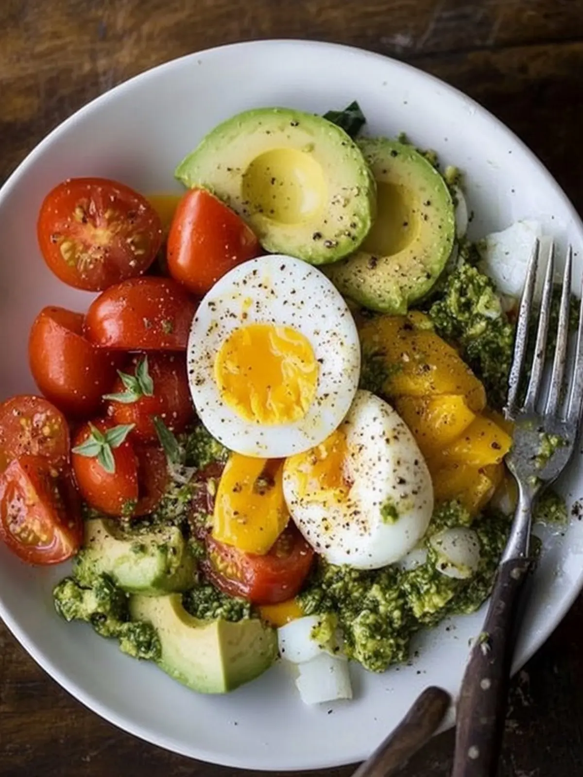 Delicious Pesto Tomato, Egg & Avocado Breakfast Salad Bliss 2 Pesto Tomato, Egg & Avocado Breakfast Salad