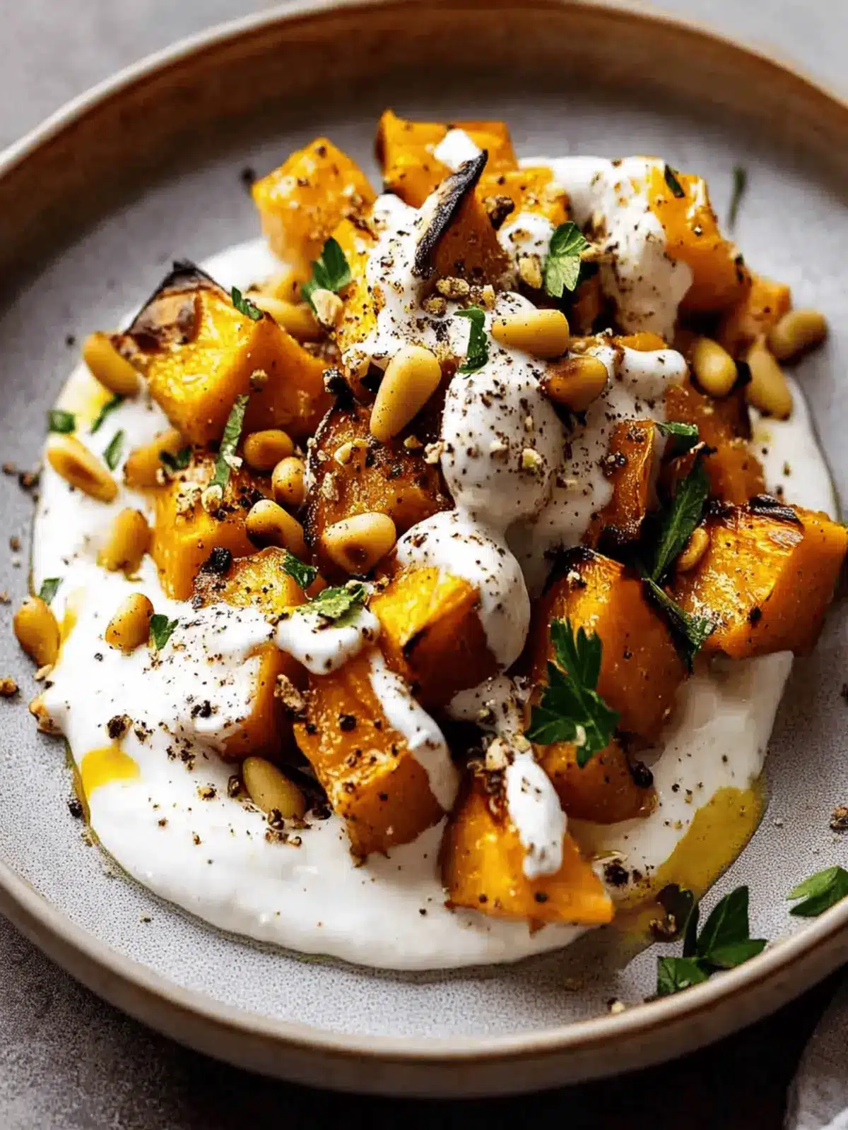 Delicious Roasted Pumpkin with Yogurt Sauce and Crunchy Pine Nuts 4 Roasted Pumpkin with Yogurt Sauce and Pine Nuts
