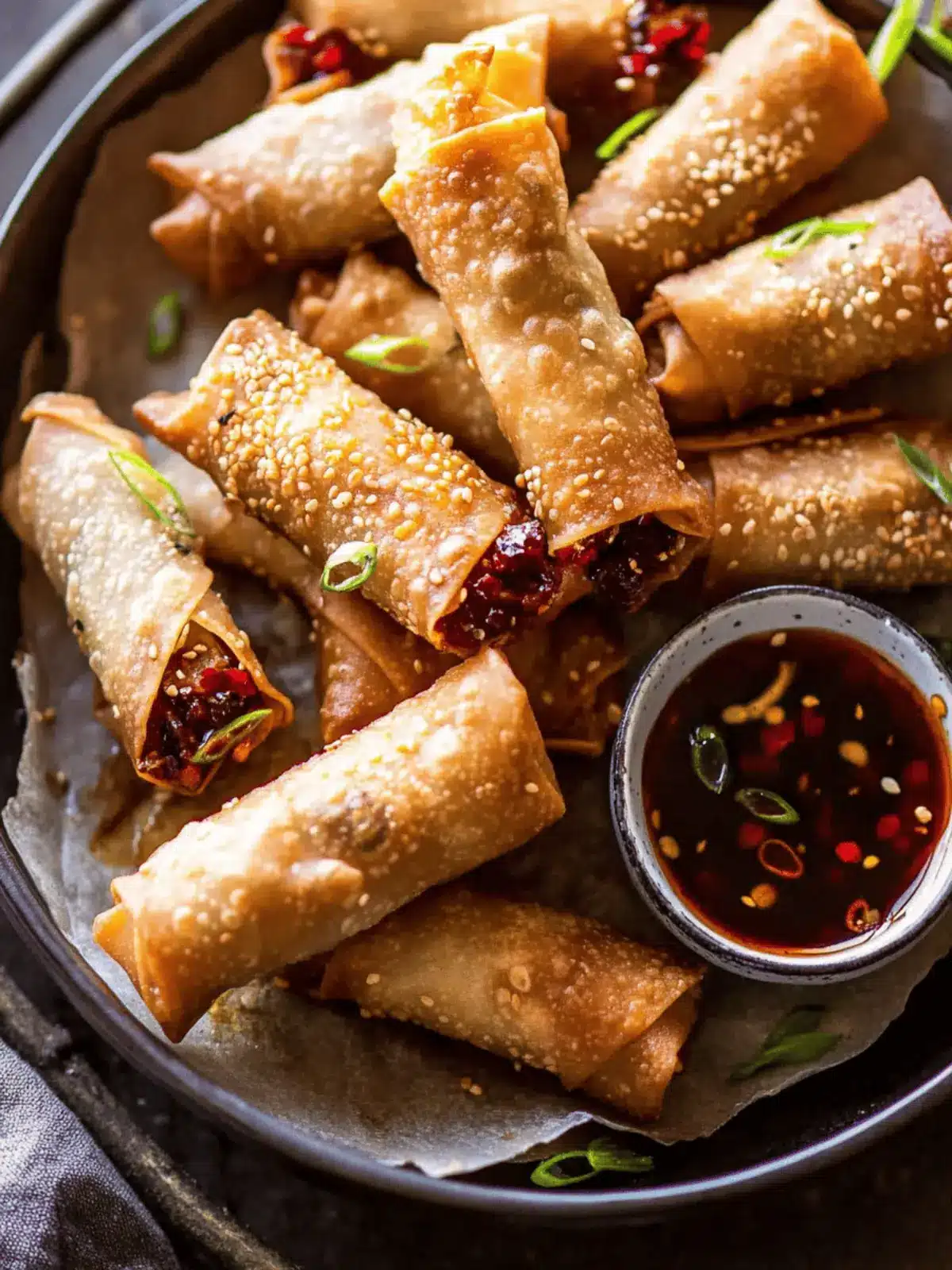 Crispy Sesame Ginger Egg Rolls with Sweet Chili Sauce Delight 3 Crispy Sesame Ginger Egg Rolls with Sweet Chili Sauce.