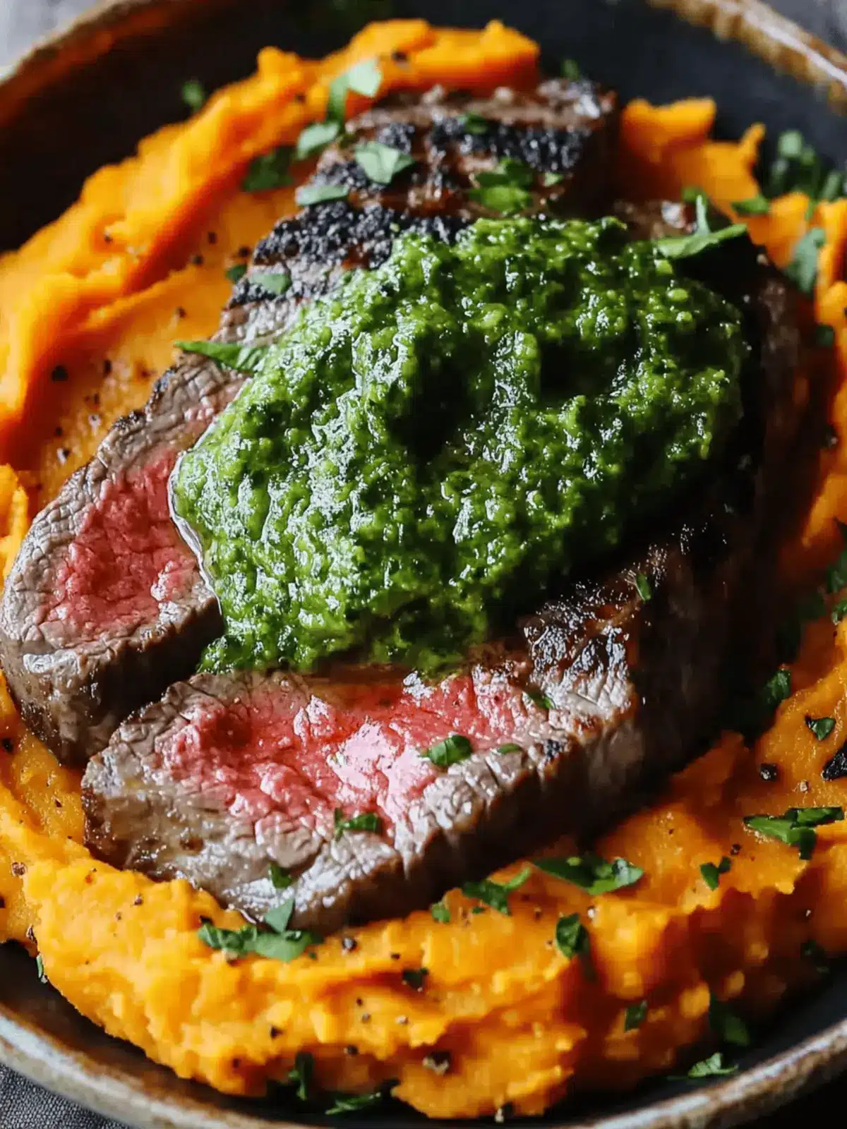 Savory Steak with Green Sauce and Creamy Sweet Potatoes 4 Steak with Green Sauce and Mashed Sweet Potatoes